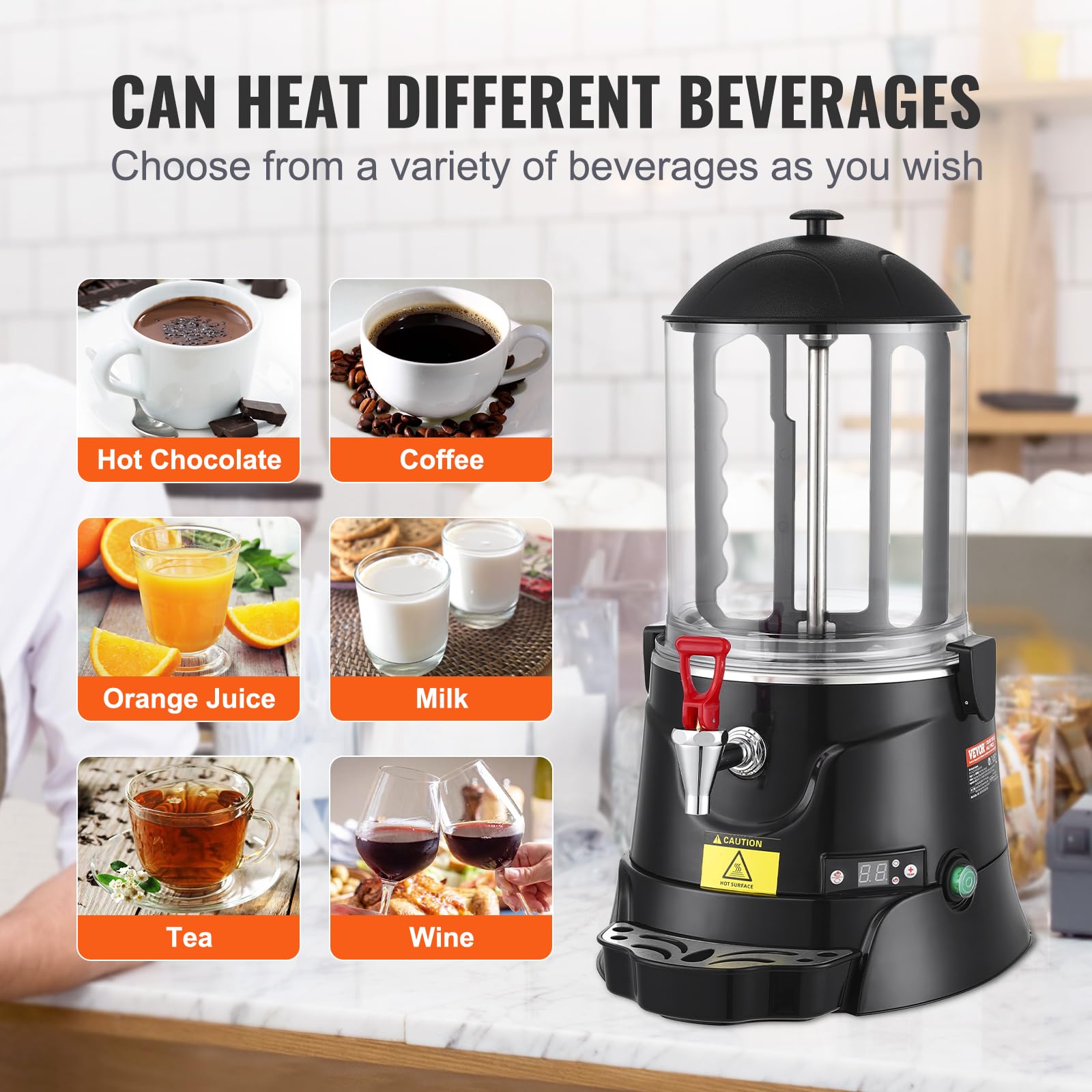VEVOR 2.6 Gal Hot Chocolate Dispenser Machine with Adjustable Temperature 86°F-194°F, High-Quality ABS Tank for Hot Drinks - Perfect for Cafes, Restaurants, and Home Use