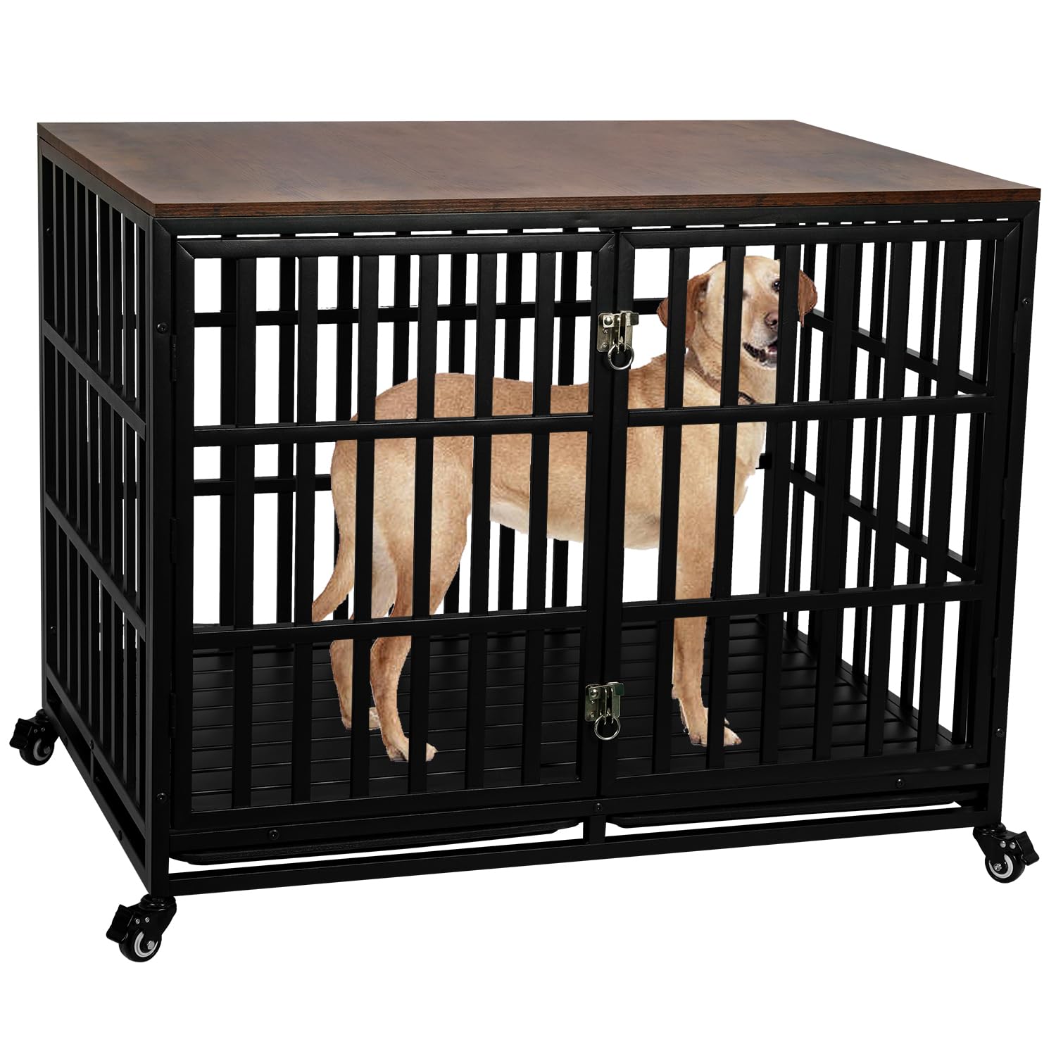 **Heavy Duty Dog Crate Furniture - Indestructible Escape-Proof Cage for Medium & Large Dogs - High Anxiety Kennel with Wheels & Trays - 42