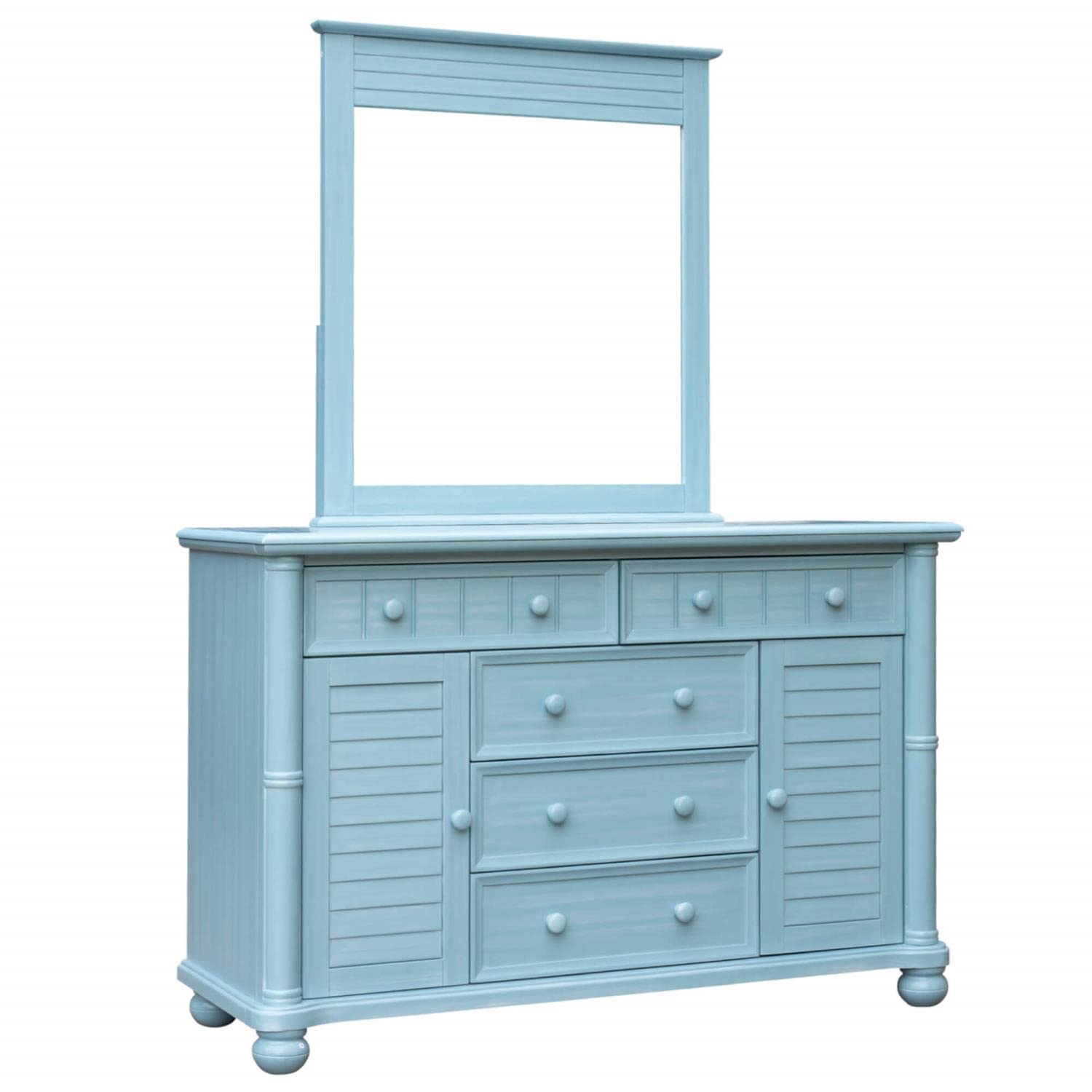 Sunset Trading Cool Breeze Dresser with Mirror - 5 Drawers & 2 Cabinets in Beach Blue Wood - Fully Assembled Bedroom Furniture for Coastal & Cottage Decor