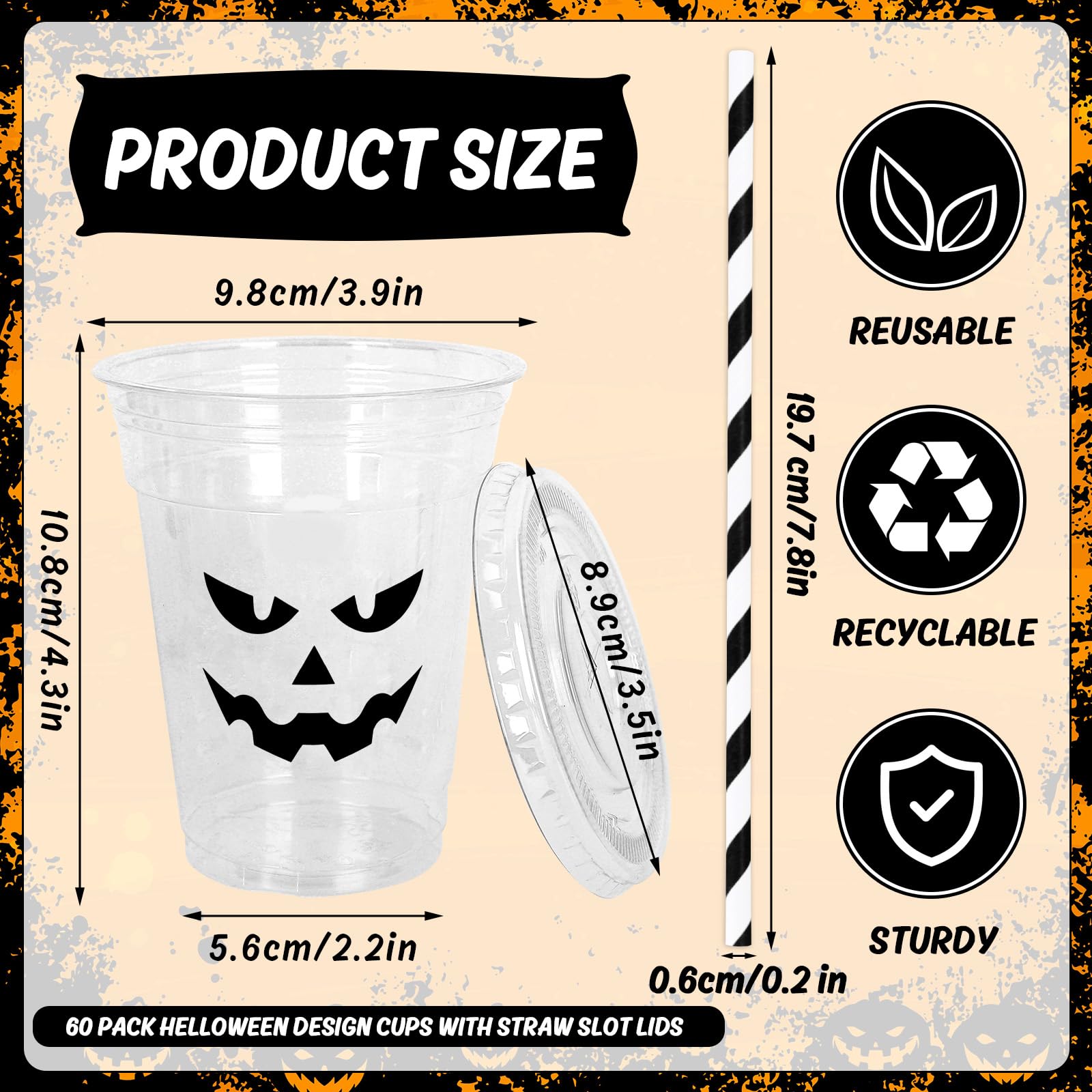 Whaline 60Pcs Halloween Disposable Plastic Cups with Lids and Straws - 12oz Jack-O-Lantern Pumpkin Design Cold Beverage Drinking Cups for Trick or Treat Party, Halloween Decorations, and Fall Festival Celebrations - Perfect for Halloween Parties, Thanksgiving Gatherings, and Seasonal Events