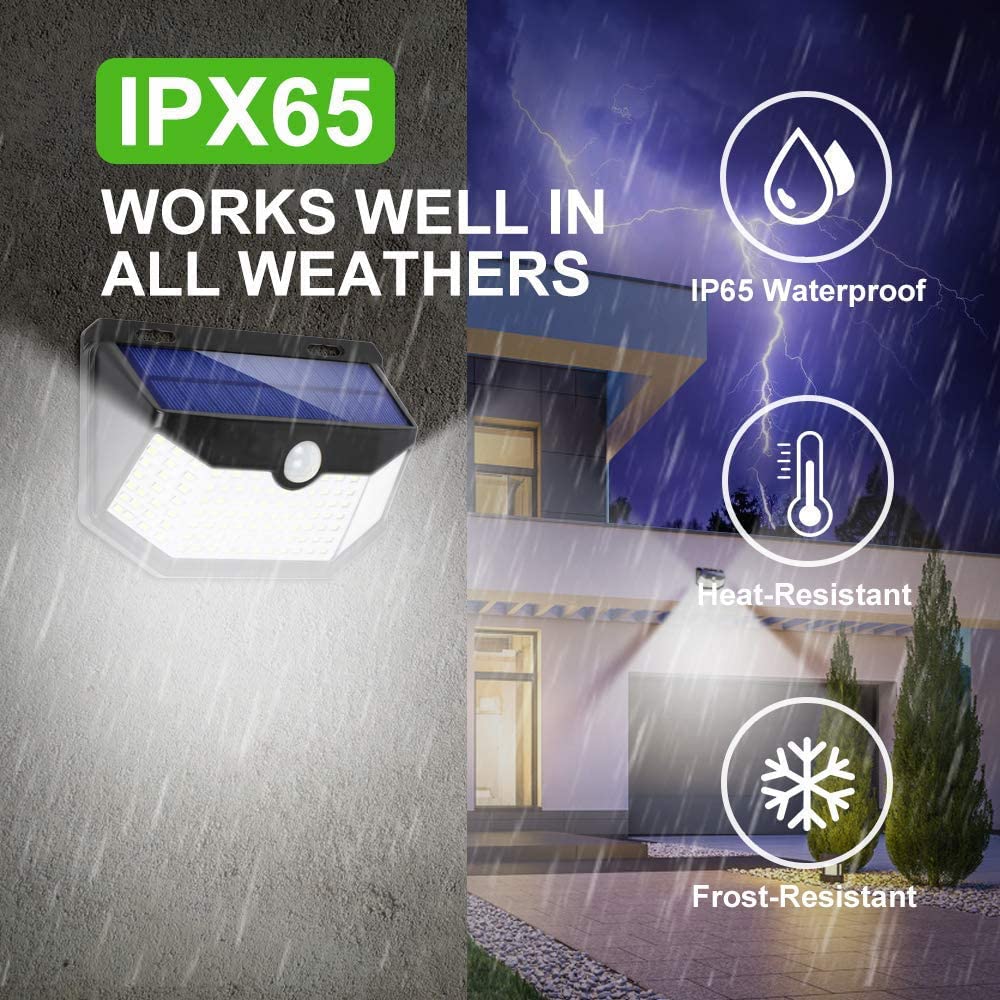 HMCITY 120 LED Solar Lights Outdoor with Motion Sensor, 3 Lighting Modes & IP65 Waterproof - Solar Powered Wall Lights for Garden, Patio, Yard, Pathway (2 Pack) - Perfect for Nighttime Security & Landscape Lighting