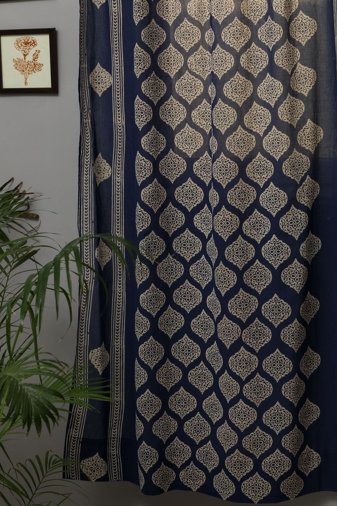 Handblock Printed Cotton Door Curtain - SootiSyahi 'Bluestars' Design | Eco-Friendly Home Decor for Living Room, Bedroom & Entryway