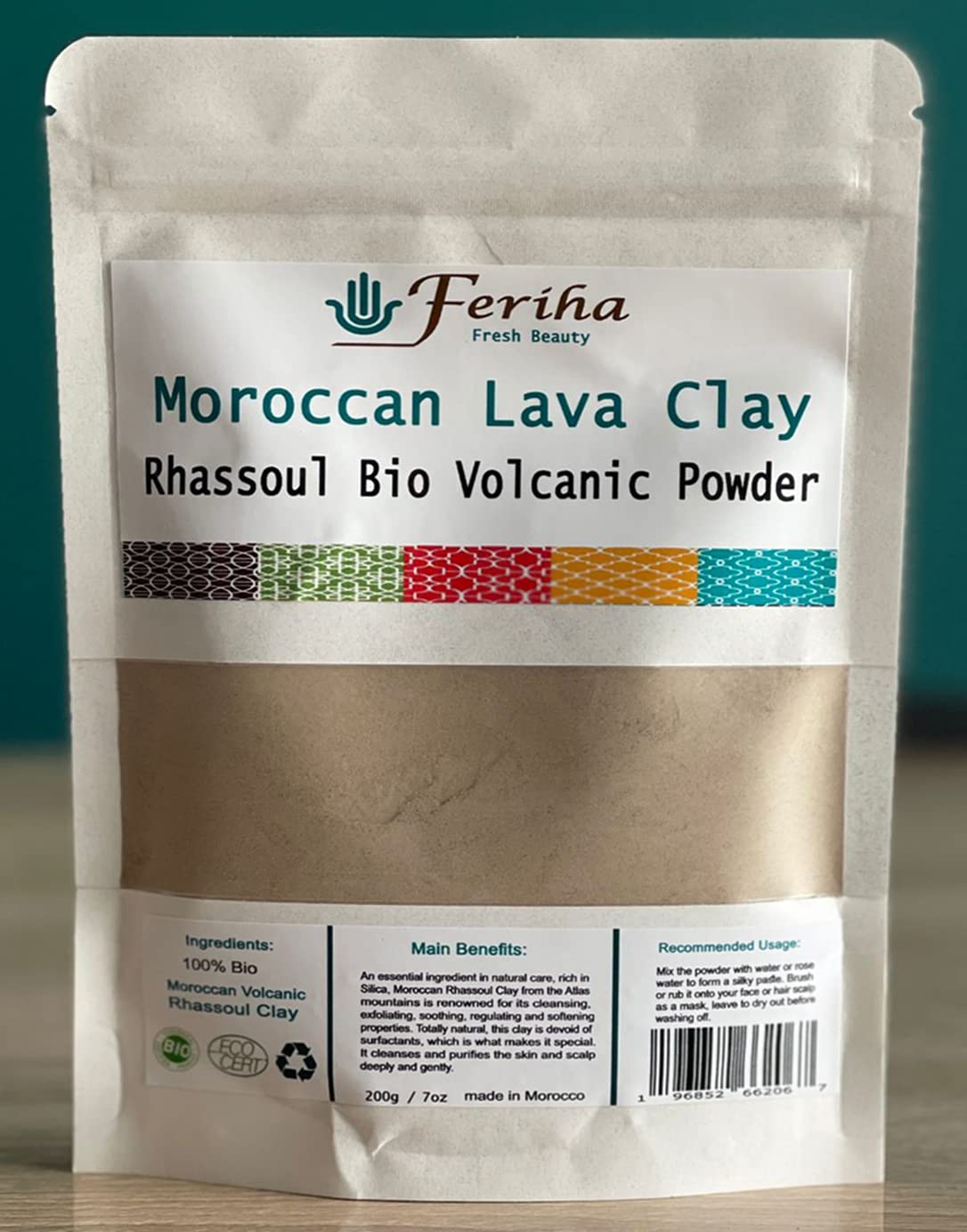 FERIHA Moroccan Rhassoul Bio Clay Powder - Organic Facial, Body & Hair Mask for Acne Treatment, Deep Cleansing & Skin Elasticity Improvement - Perfect for Spa Days, Detox Treatments & Natural Skincare Routines