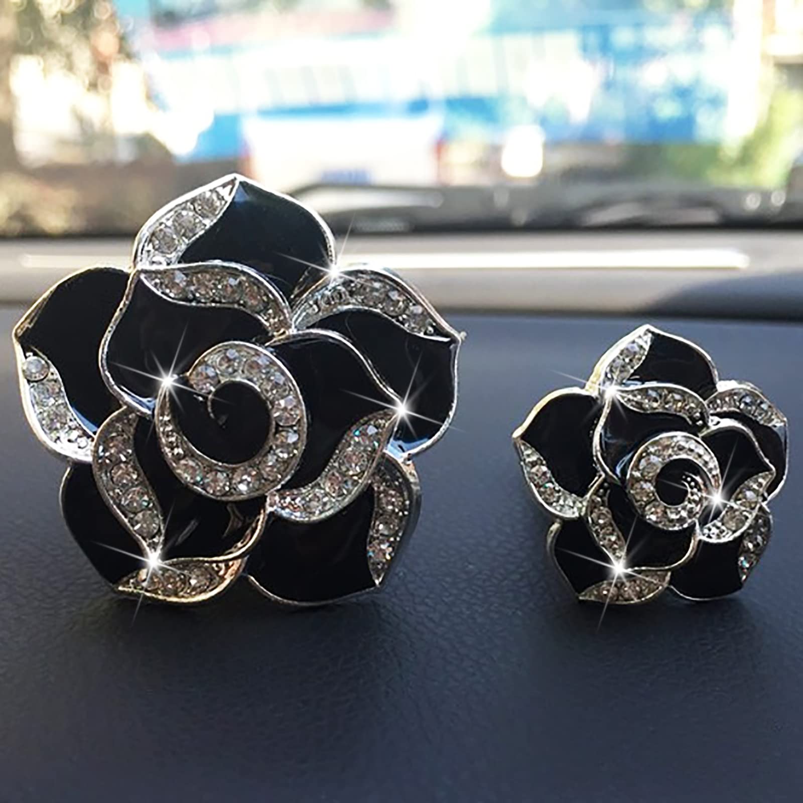 2 Pcs Camellia Air Vent Clips - Cute Flower Car Air Freshener with Bling Crystal Rose | Car Diffuser Vent Clip Charm for Women & Girls | Perfect for Sedans, SUVs and Office Desks