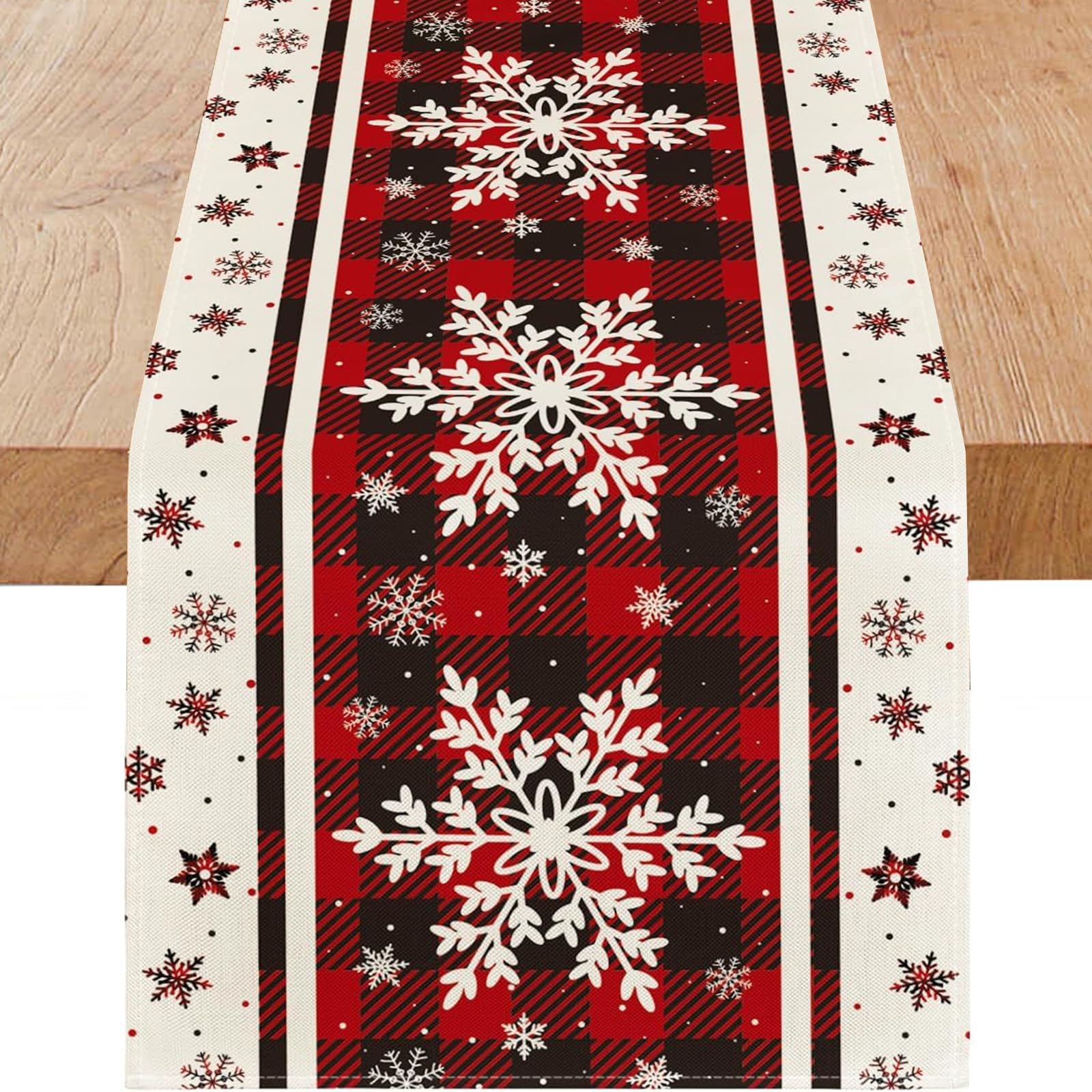 Buffalo Plaid Christmas Table Runner - Snowflake Holiday Dining Decor for Kitchen, Party & Home - 13x72 Inch Winter Tablecloth for Indoor/Outdoor Xmas Decorations - Perfect for Holiday Dinners, Festive Gatherings & Seasonal Home Styling