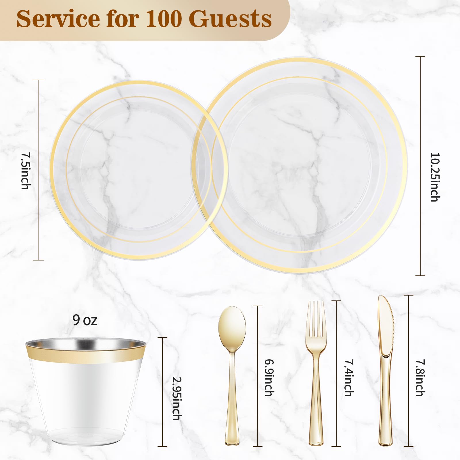 600-Piece Clear Gold Plastic Dinnerware Set for 100 Guests - Disposable Plates, Dessert Plates, Cups, Spoons, Forks & Knives - Perfect for Parties, Christmas, New Year & Special Events