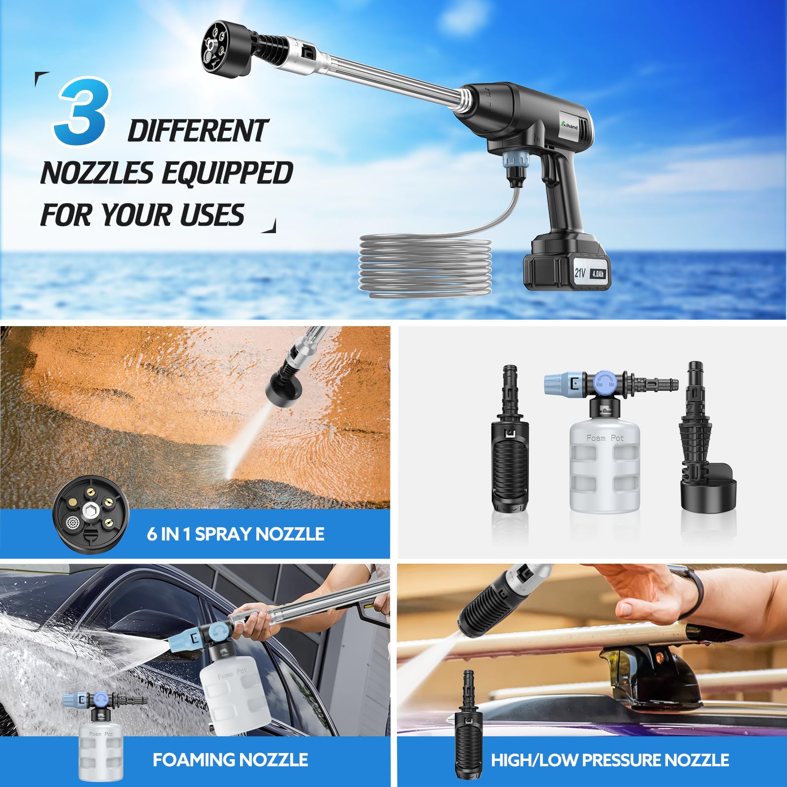 800PSI Cordless Pressure Washer with Rechargeable 4.0Ah Battery - 6-in-1 Nozzle & 0-180° Adjustable Spray - Portable Power Washer for Car Washing, Fence Cleaning, Patio & Driveway Pressure Washing - Includes Charger - Ideal for Home, Garden & Outdoor Cleaning Tasks