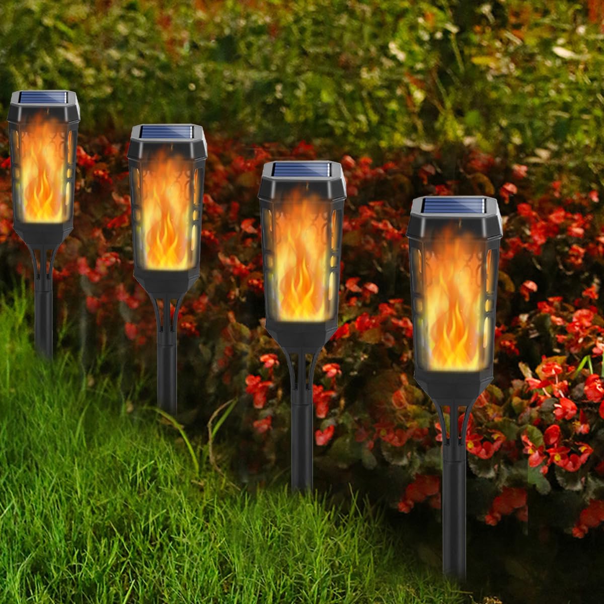 UZIMOO 4 Pack Solar Flame Lights Outdoor - Waterproof Flickering Flame Solar Pathway Lights for Garden, Yard, Lawn, Patio - Landscape Decoration Lighting - Perfect for Halloween, Christmas, and Outdoor Parties