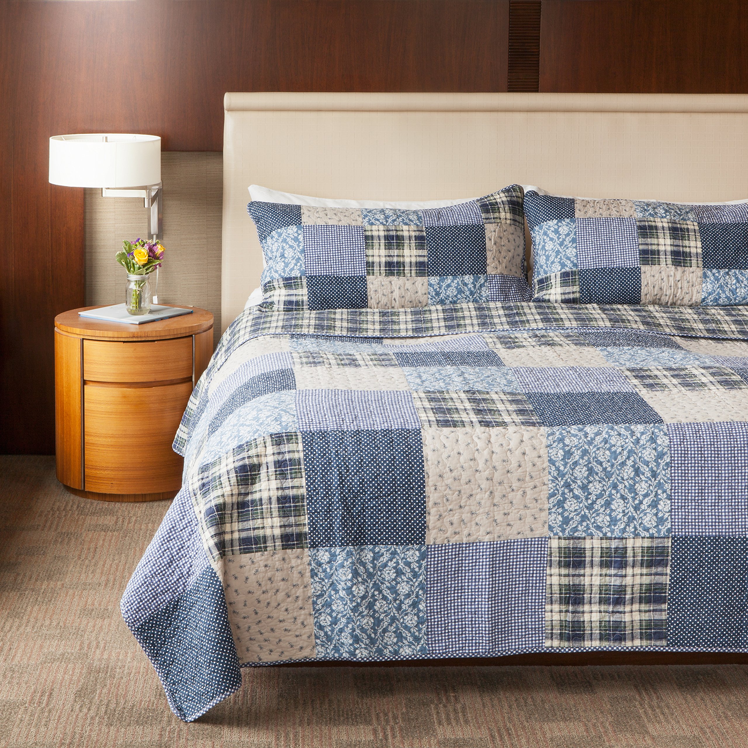 SLPR Blue Symphony 3-Piece Cotton Quilt Set - King Size Quilt with 2 Shams: Patchwork Country Chic Comforter, Blue Checkered Coverlet Throw, Oversized Farmhouse Bedspread, Plaid Quilted Bedding for Cozy Bedroom Decor & Guest Room Styling