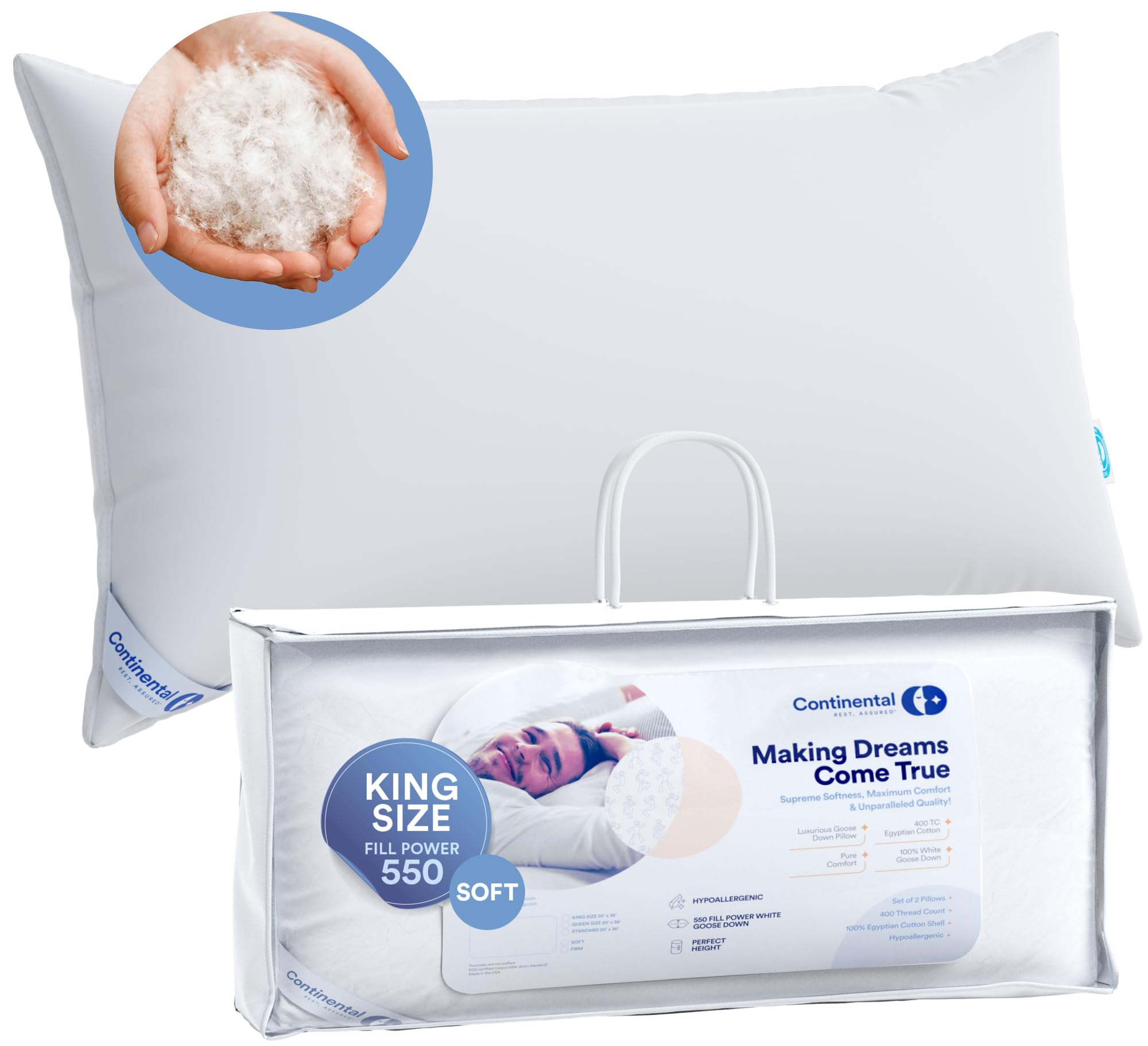Premium 100% Luxury Down Pillows 550 Fill Power - Ultra Soft King Size Bed Pillow for Side, Back & Stomach Sleepers - Hypoallergenic & Breathable - Perfect for Hotels, Guest Rooms & Master Bedrooms (White, Pack of 1)