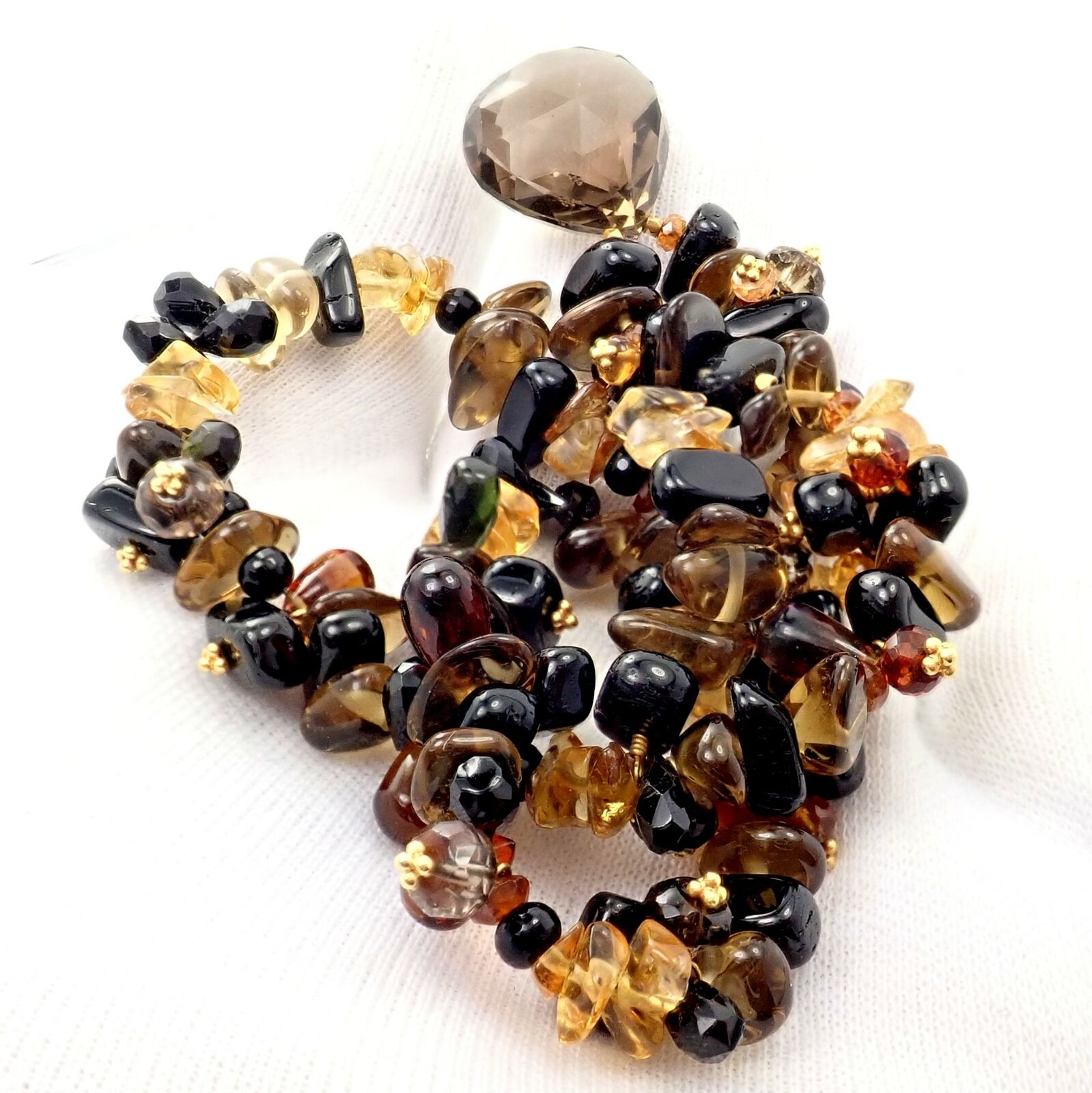 18K Yellow Gold Briolette Smokey Topaz Onyx Bead Necklace for Women - Elegant Statement Jewelry for Evening Parties & Special Occasions