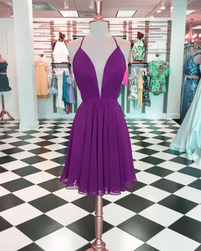 Elegant A-Line Plunge V-Neck Chiffon Homecoming Dress for Cocktail Party, Prom, Wedding Guest & Special Occasions