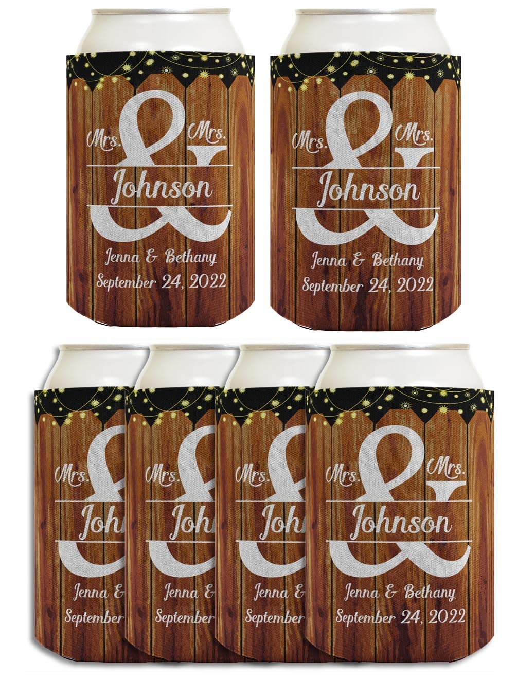 Personalized Mrs & Mrs Wedding Drink Coolers - 6-Pack Custom Can Insulators with Names & Date - Perfect for Lesbian Couples, Bridal Showers & LGBTQ+ Weddings