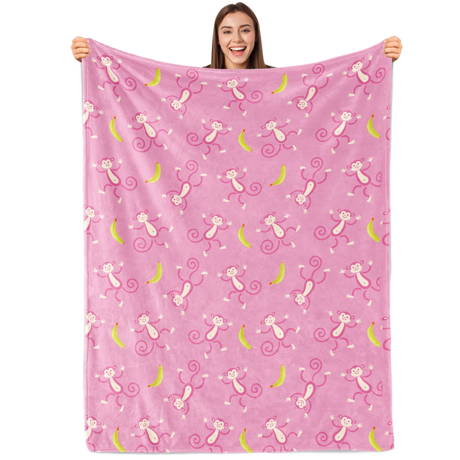 Pink Preppy Monkeys Flannel Throw Blanket - Super Soft Plush 50x60 Inch Blanket for Girls, Teens & Family - Cozy Gift for Bed, Couch & Sofa - Perfect for Dorm Rooms, Sleepovers & Winter Snuggles