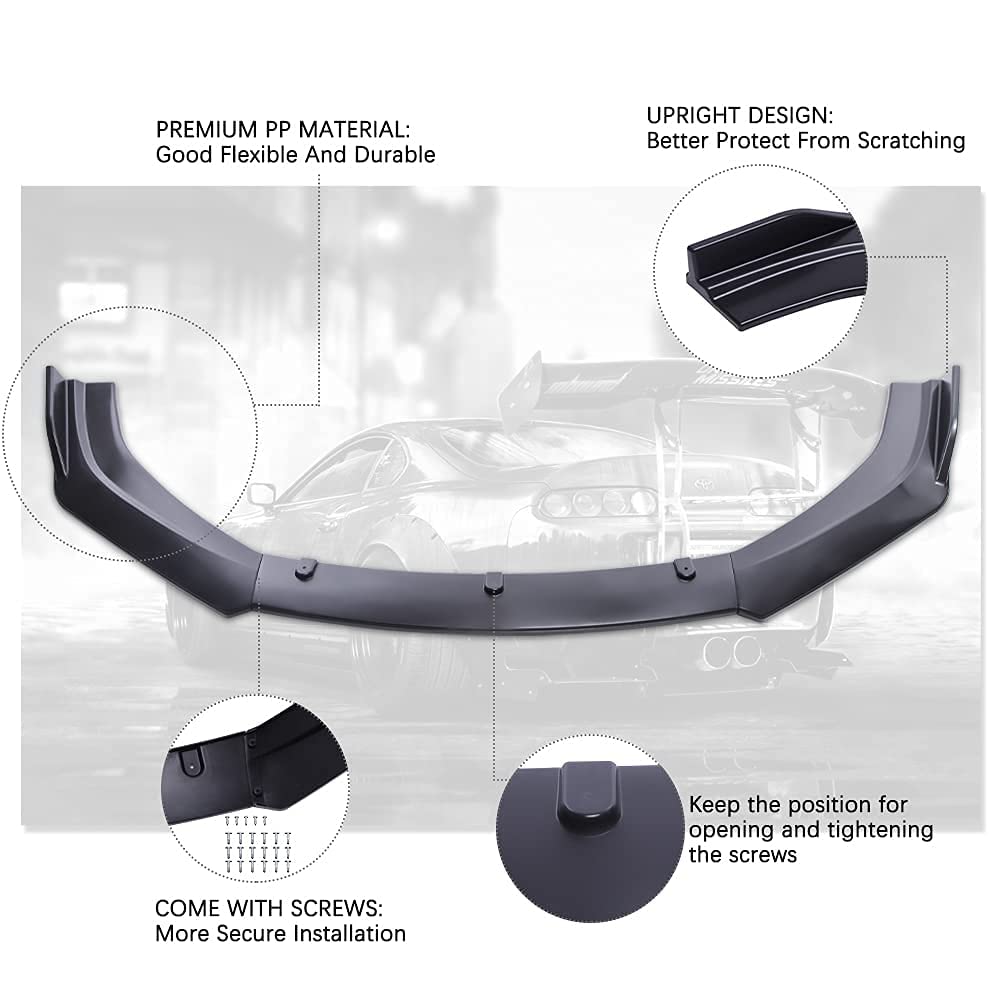3PCS Matte Black Car Front Bumper Lip Splitter Diffuser Body Kit Spoiler with Adjustable 8-11 Inch Support Rods - Universal Fit for Enhanced Aerodynamics & Sporty Styling (Perfect for Track Racing & Street Performance)