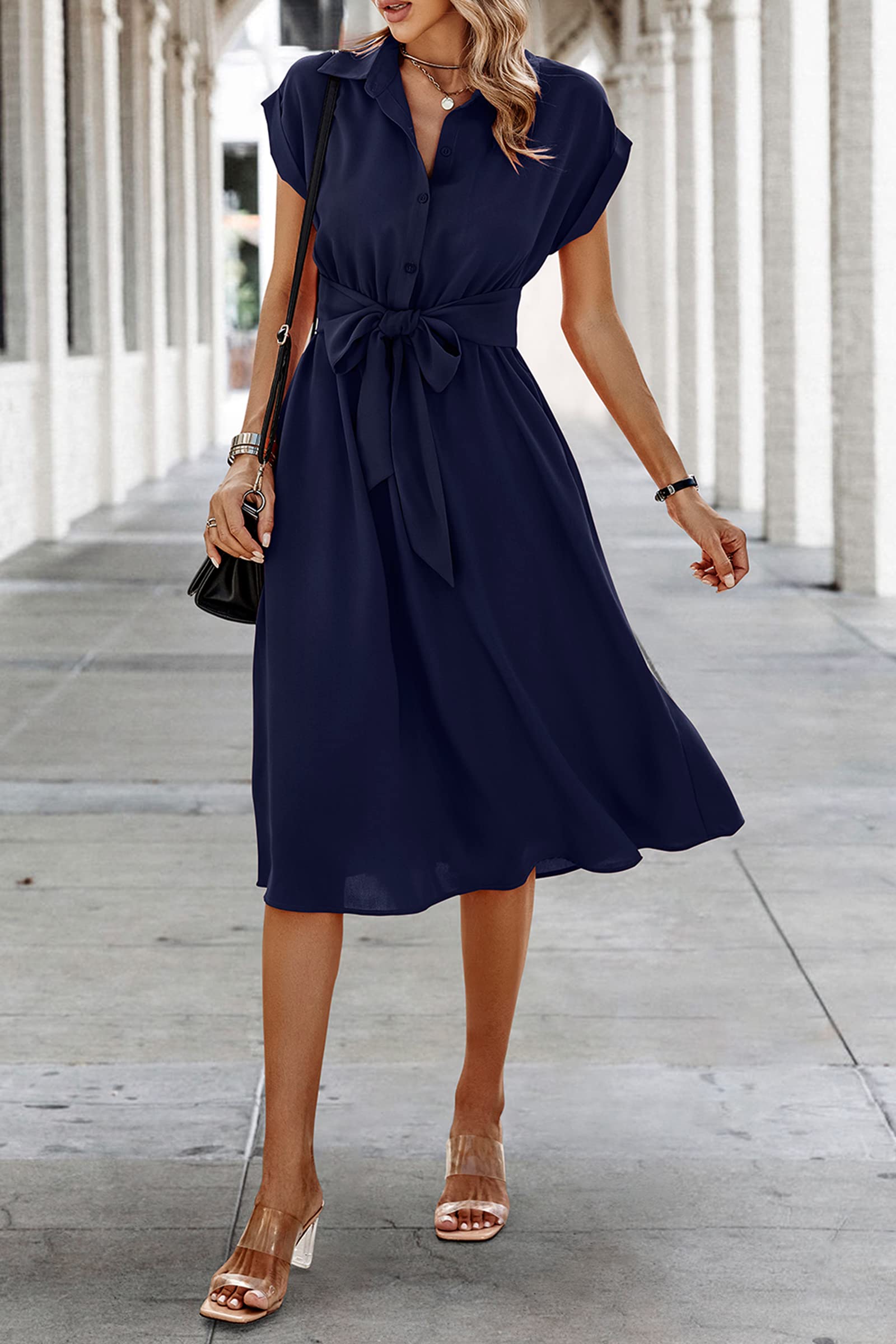 ECOWISH Women's Casual Midi Dress - Solid V-Neck Short Sleeve Button Down Shirt Dress with Belt & Pockets | Spring Summer 2025 Fashion | Perfect for Office, Date Night & Weekend Outings