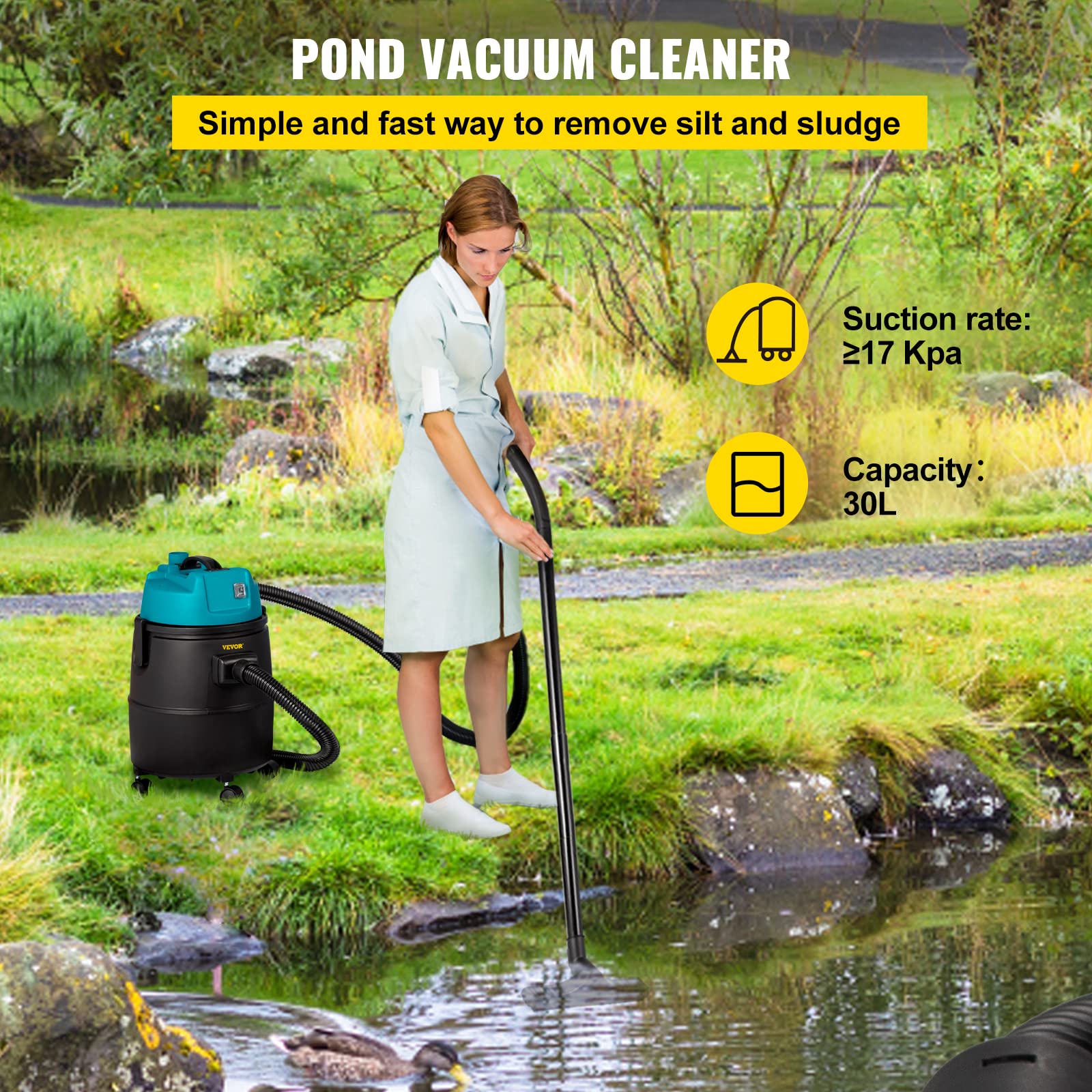 VEVOR 1400W Powerful Pond Vacuum Cleaner with 13ft Intake Hose, 4 Extension Tubes, 15ft Power Cord, 4 Brush Heads & Nozzles - Ideal for Garden Pond Cleaning, Water Feature Maintenance, and Koi Fish Tank Cleaning