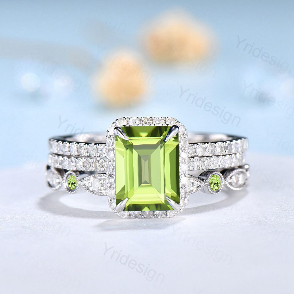 2CT Emerald Cut Peridot Engagement Ring Set with Halo Diamonds in Solid 14K White Gold - Wedding, Bridal, Anniversary Gift for Her - Perfect for Proposals, Vows Renewal & Special Occasions