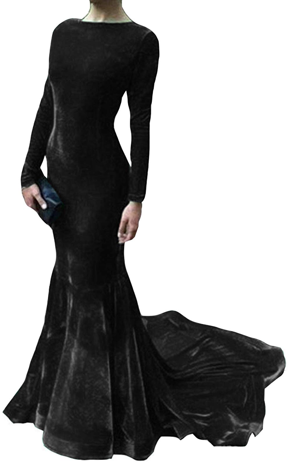 Emanni Women's Velvet Mermaid Evening Dress Long Sleeve Formal Prom Gown - Elegant Black Party Dress for Weddings, Galas & Special Occasions