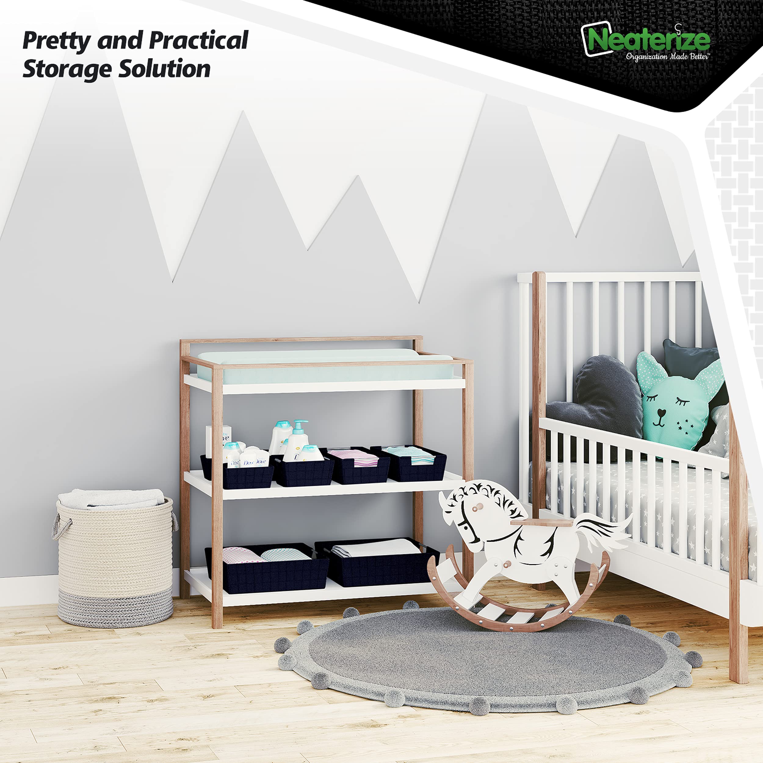 NEATERIZE 9-Pack Closet Storage Baskets - Navy Fabric Organizer Bins for Laundry, Baby Clothes, Linen Closet, Pantry & Shelves | Perfect for Nursery, Bedroom & Home Organization