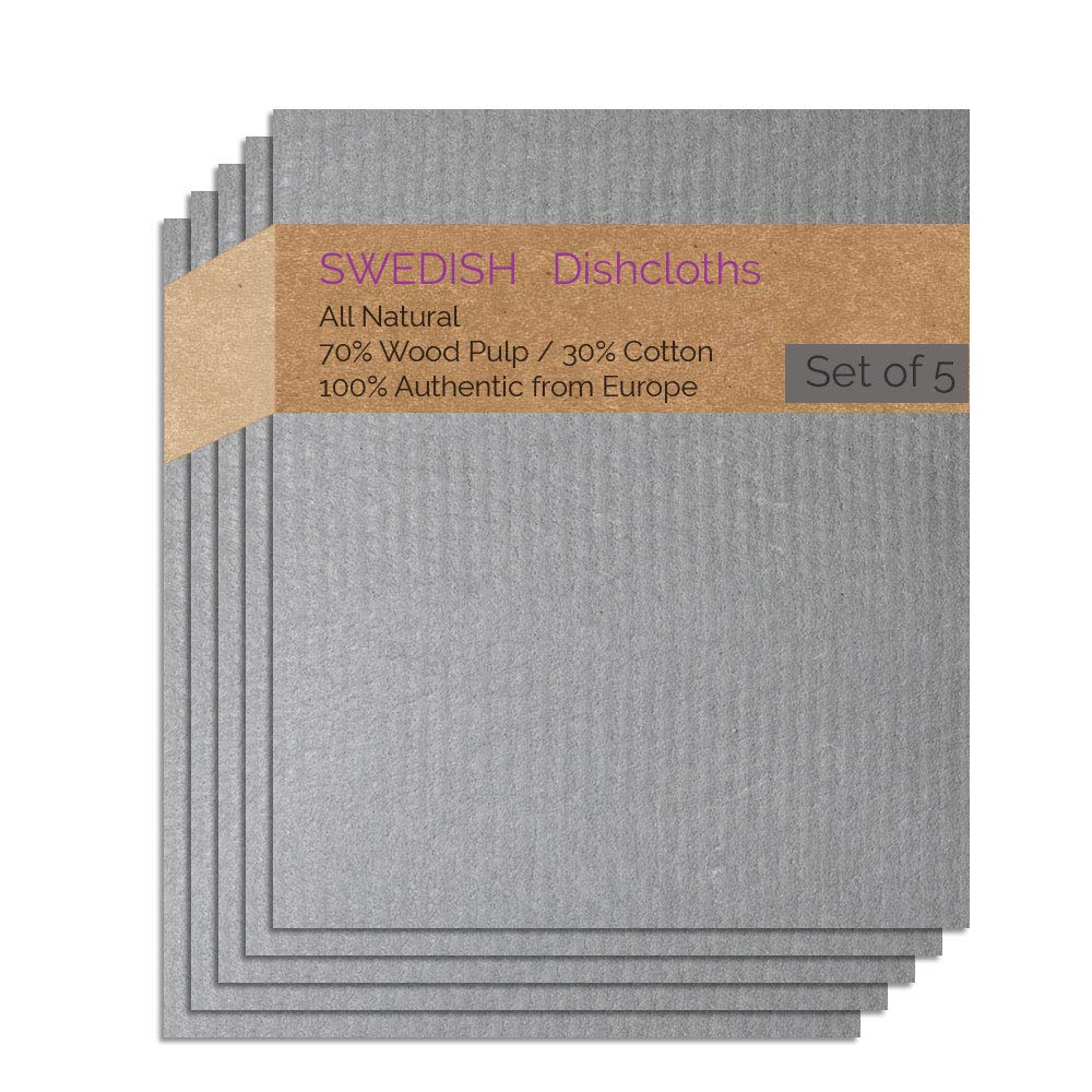 Eco-Friendly Cellulose Sponge Dish Towels - Set of 5 Reusable Gray Swedish Dish Cloths for Kitchen Cleaning, Dish Drying & Counter Wiping