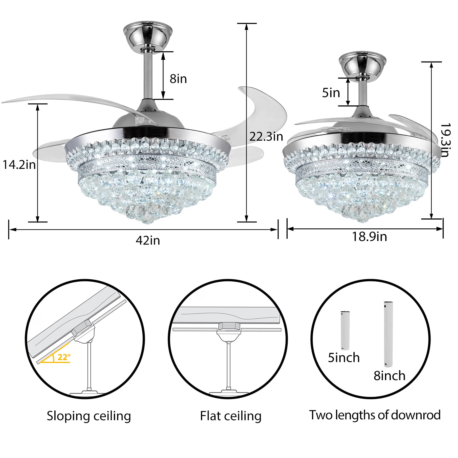 42 Inch Modern Crystal Ceiling Fan with Light & Remote Control - Dimmable Chandelier Fan, 6 Speed Settings, 4 Retractable ABS Blades - Perfect for Bedroom, Living Room, Dining Room & Home Office Decor