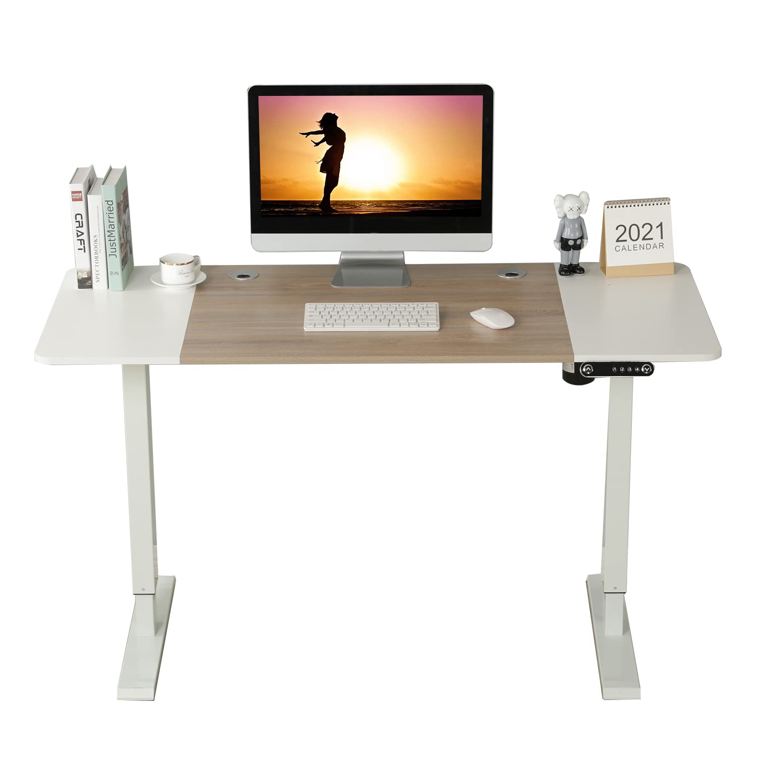 Bilbil Electric Standing Desk - Height Adjustable Sit to Stand Home Office Desk, 55 x 24 Inches, Oak & White Desktop with White Frame - Perfect for Work, Study & Gaming
