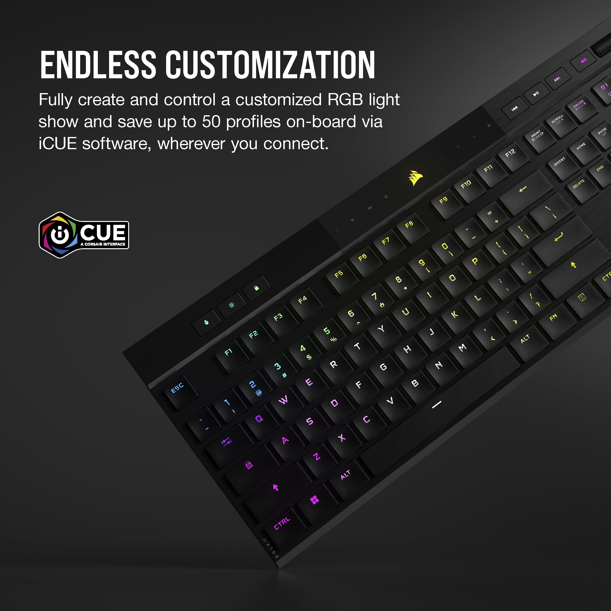 Corsair K100 AIR Wireless RGB Mechanical Gaming Keyboard - Ultra-Thin, Sub-1ms Slipstream, Low-Latency Bluetooth, Cherry MX Ultra Low Profile Keyswitches - NA Layout, QWERTY - Black | Perfect for Esports, Streaming & Office Work
