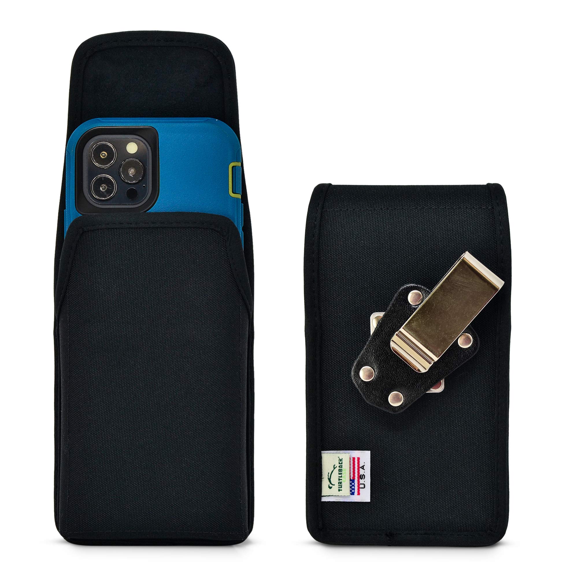Premium Nylon Phone Holster for iPhone 14/14 Pro/13/13 Pro/12/12 Pro - Black Belt Clip Pouch with Magnetic Closure & Metal Clip - Fits Bulky Cases - Perfect for Running, Hiking, Workouts & Outdoor Activities