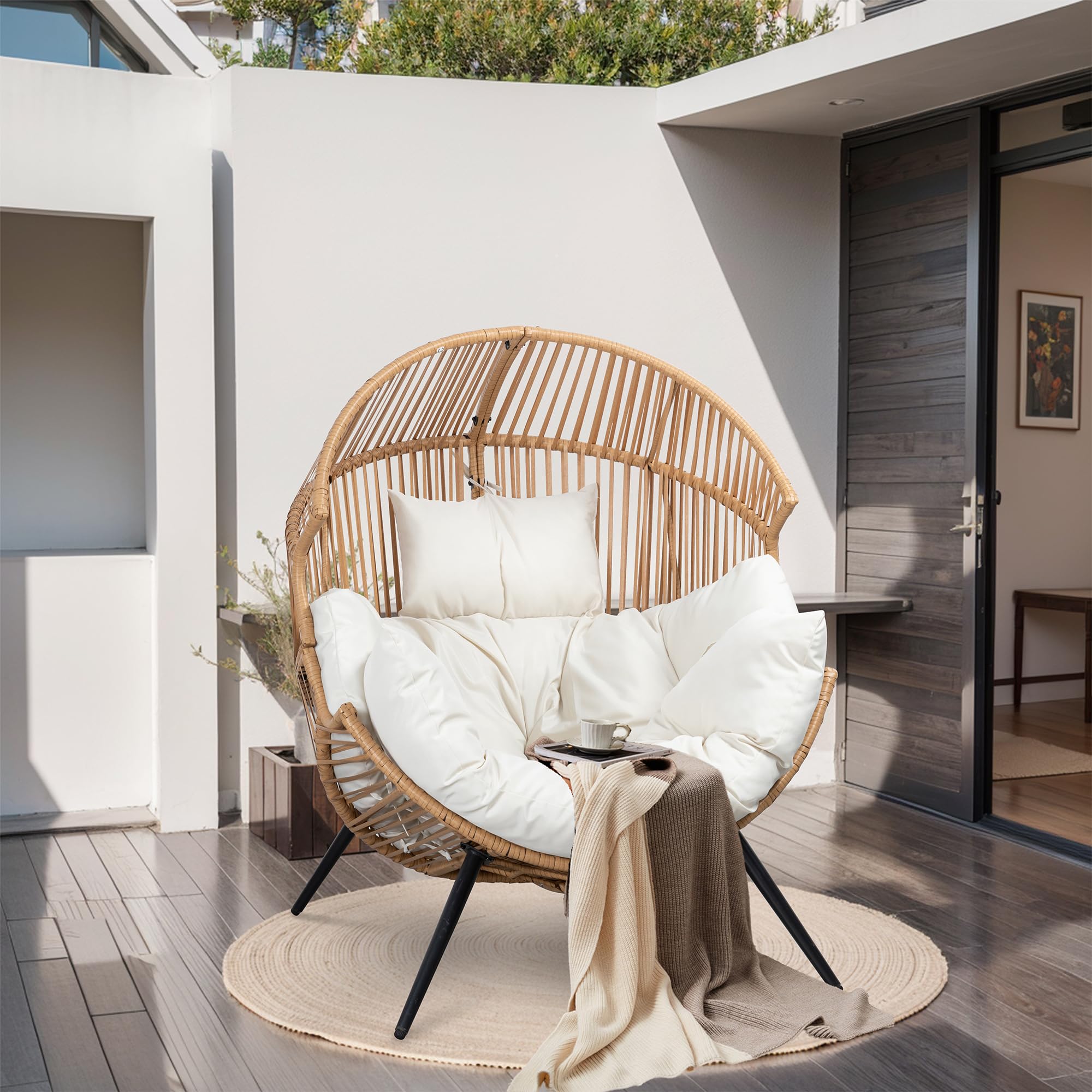 JAMFLY Oversized Wicker Egg Chair with Cushion - Patio Lounger for Outdoor & Indoor Use - Perfect for Backyard, Balcony, Living Room & Bedroom Relaxation