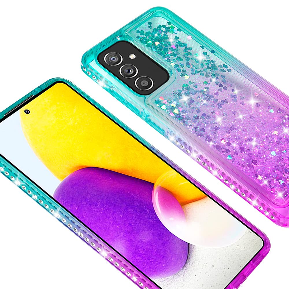 SOGA Samsung Galaxy A82 5G / Quantum 2 Phone Case with Tempered Glass Screen Protector - Diamond Liquid Quicksand Cover for Women (Teal/Purple) | Cute Protective Case for Everyday Use & Travel