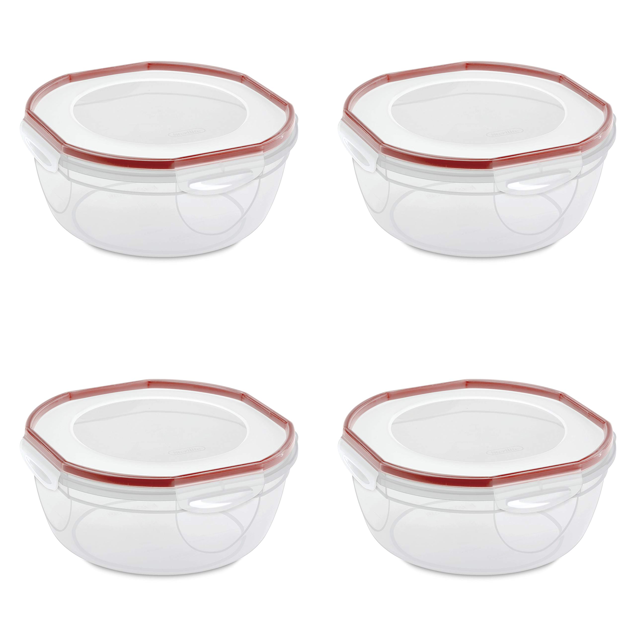 Sterilite Ultra-Seal 4.7 Quart Airtight Food Storage Containers with Latching Lids - 4-Pack Set of Clear Microwave & Dishwasher Safe Bowls with Red Gasket Seal | Perfect for Meal Prep, Leftovers, Pantry Organization & Freezer Storage