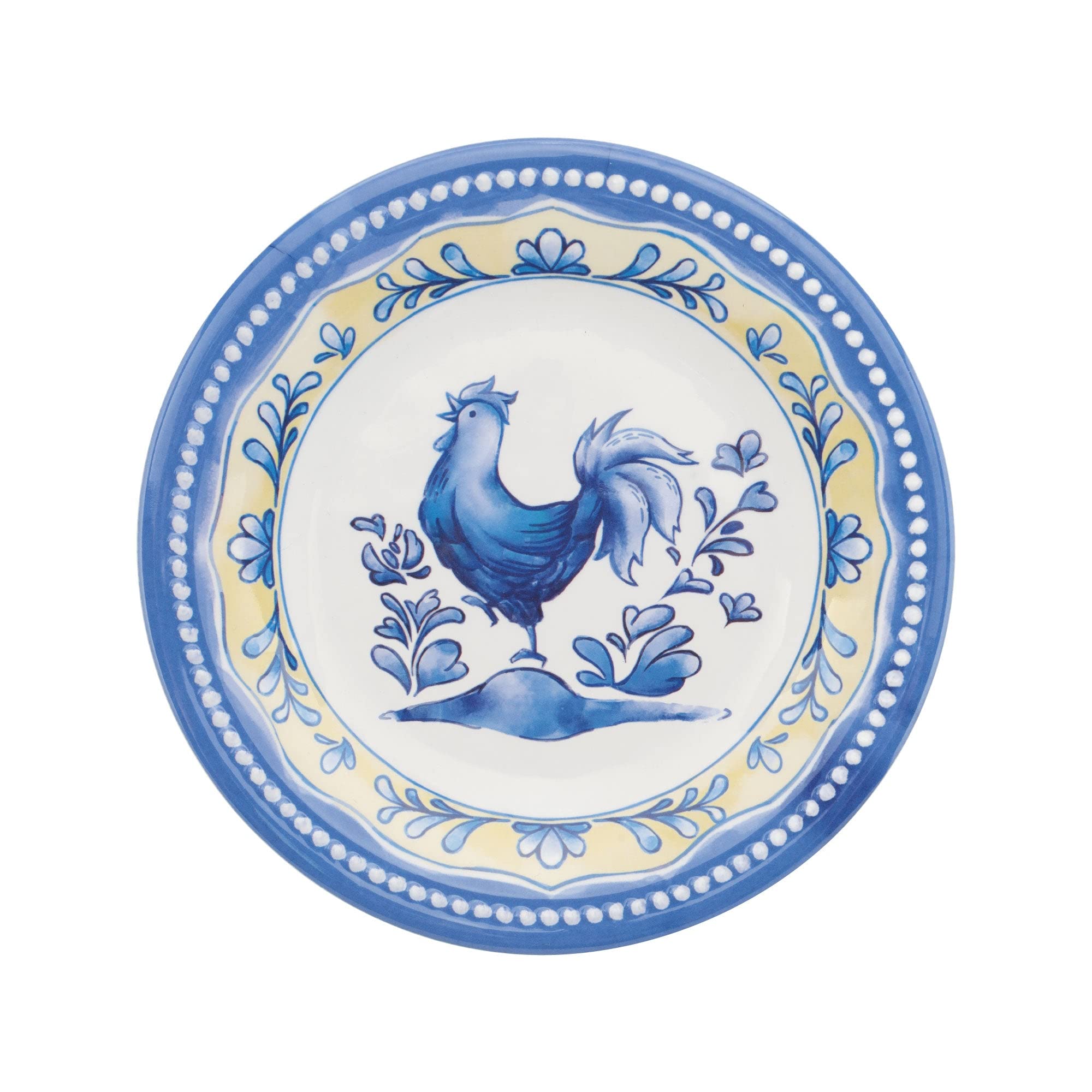UPware Blue Rooster Melamine Round Dessert Plates 6 Inch - Set of 4 Small Serving Plates for Appetizers, Snacks, Side Dishes - Durable & Lightweight for Picnics, Parties, Outdoor Dining