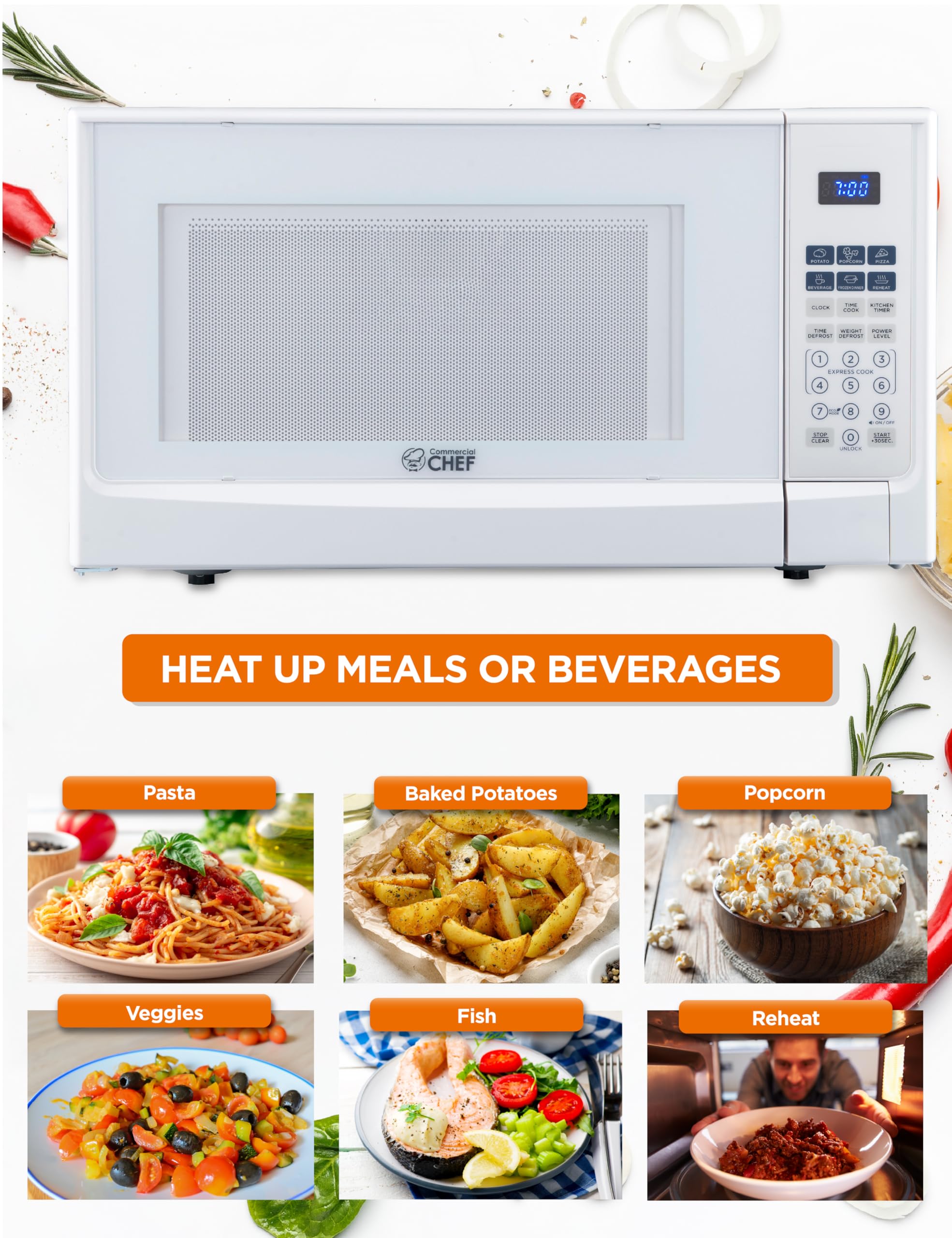 Commercial Chef 1.4 Cu Ft Countertop Microwave - 1100W with 10 Power Levels, Digital Control Panel & Timer, Push Button Operation (White) - Perfect for Small Kitchens, Dorms, Offices & RVs
