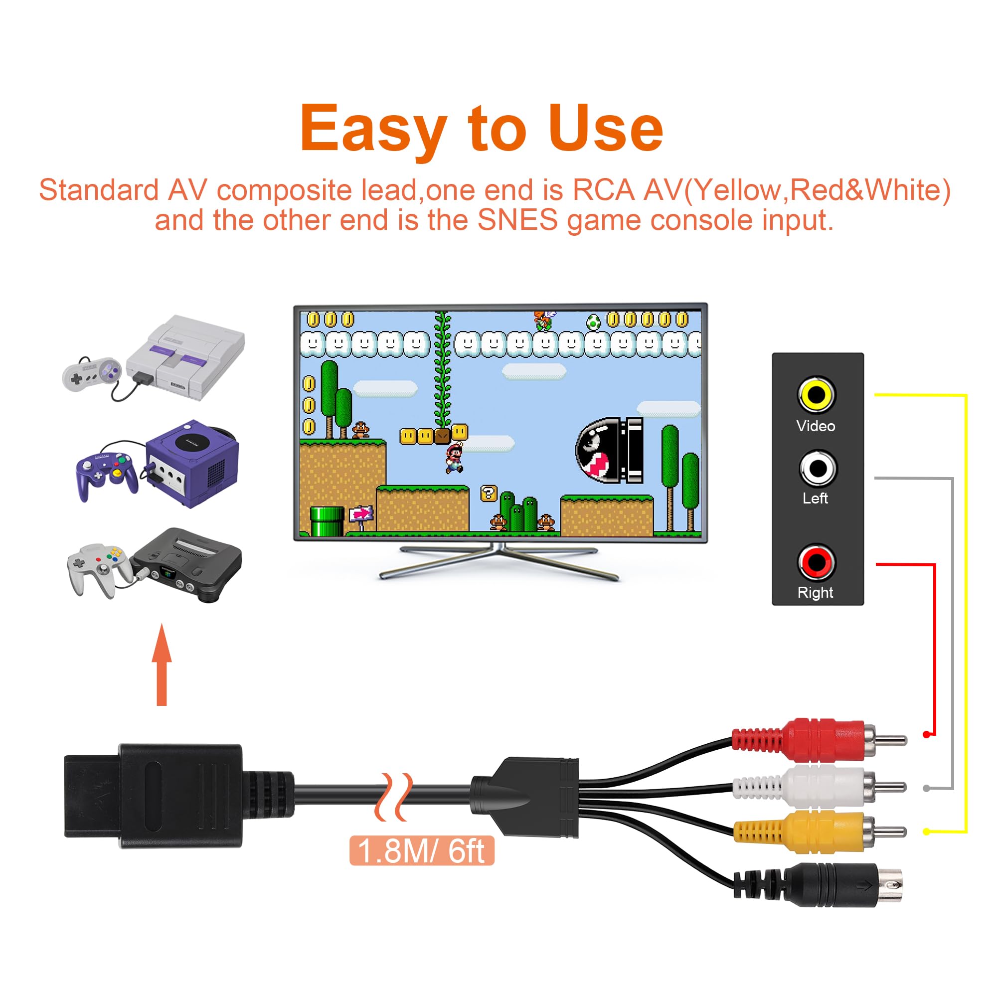 Premium S-Video RCA AV Cable for Nintendo 64, SNES & GameCube - 6FT High-Quality Audio Video Cord for N64/SNES/NGC - Perfect for Retro Gaming Setup & Home Theater Systems