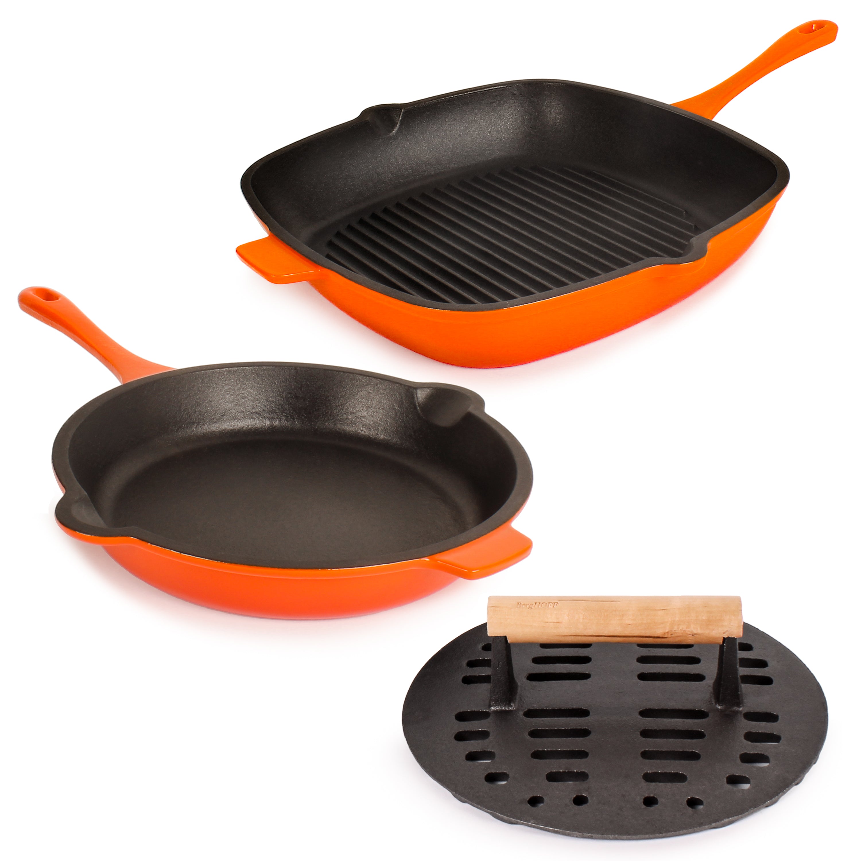 BergHOFF Neo 3-Piece Cast Iron Cookware Set - Grill Pan, Fry Pan & Slotted Steak Press - Orange Enamel Coating for Even Heat Distribution | Perfect for Stovetop, Oven & Outdoor Cooking - Ideal for Steaks, Burgers, Pancakes & More