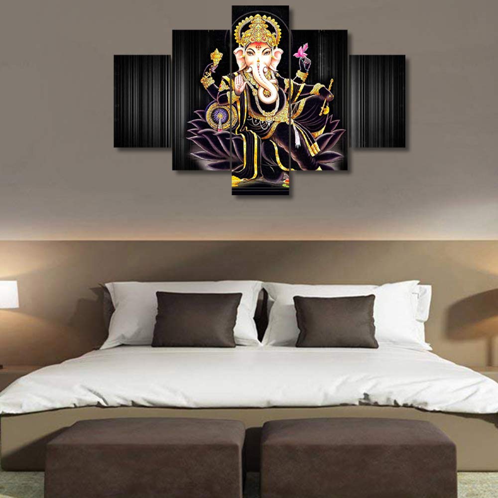 Lord Ganesha Hindu God Wall Art - 5 Piece Canvas Painting Set with Wooden Frame (60