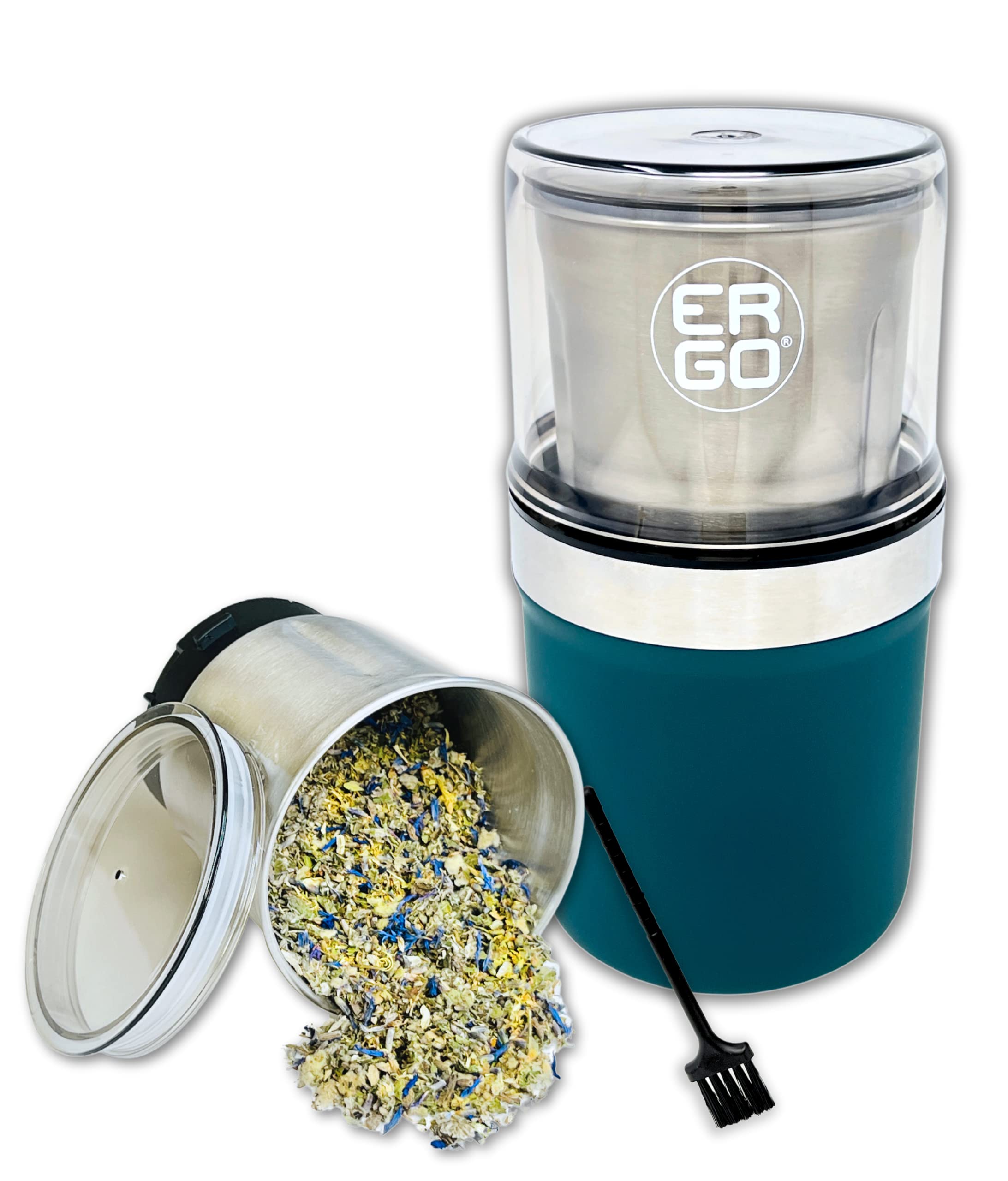 Premium ERGO Electric Herb Grinder - Large Capacity Stainless Steel with Removable Washable Cup & Airtight Lid - Perfect for Grinding Herbs, Spices & Tea Leaves - Includes Pollen Brush - Ideal for Home Kitchen, Camping & Travel Use