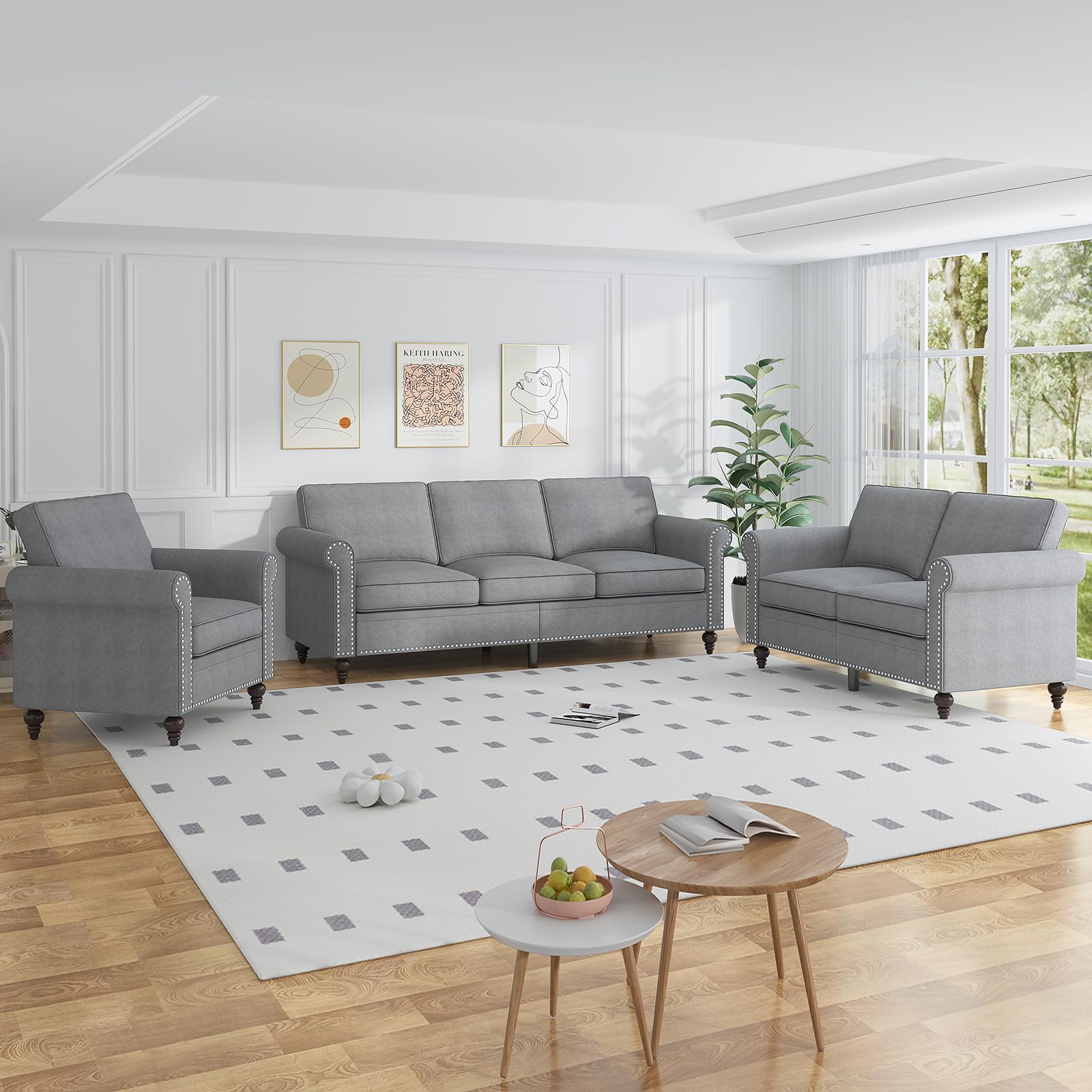 MUZZ 3-Piece Modern Linen Sectional Sofa Set with Nailhead Trim - 6-Seater Living Room Furniture (Sofa, Loveseat & Chair) in Light Grey - Perfect for Family Gatherings & Cozy Home Decor