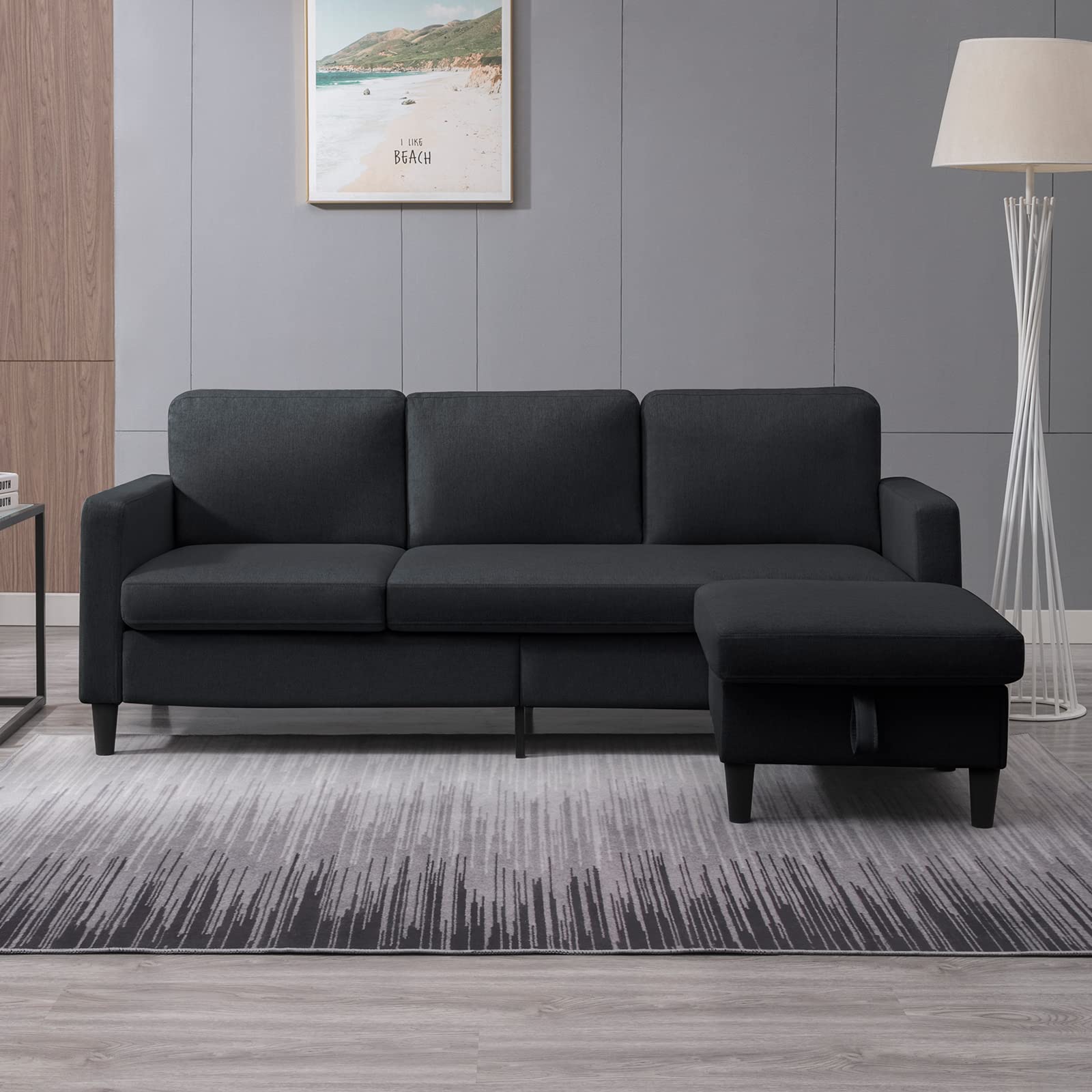 PUREMIND 3-Piece L-Shaped Sectional Sofa with Convertible Sleeper & Storage Ottoman - Modern Linen Fabric Living Room Couch for Small Spaces, Dark Gray | Perfect for Apartments, Dorms, and Cozy Home Lounging
