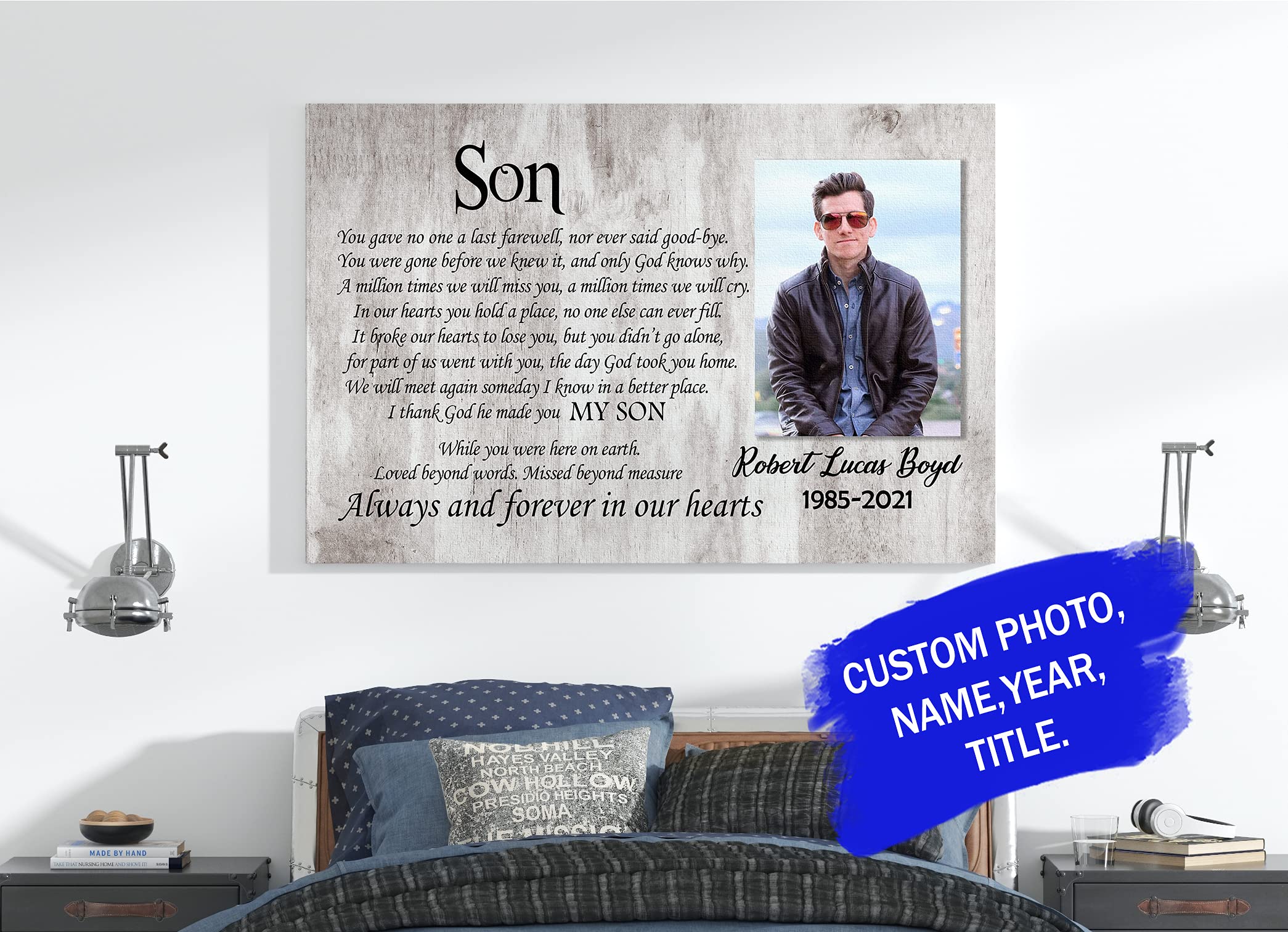 Personalized Memorial Canvas - Custom Sympathy Gift for Loss of Son | In Loving Memory Bereavement Keepsake | 16x12 Inch Wall Art for Condolence & Remembrance | Perfect for Home Memorial, Funeral Tribute & Healing Process
