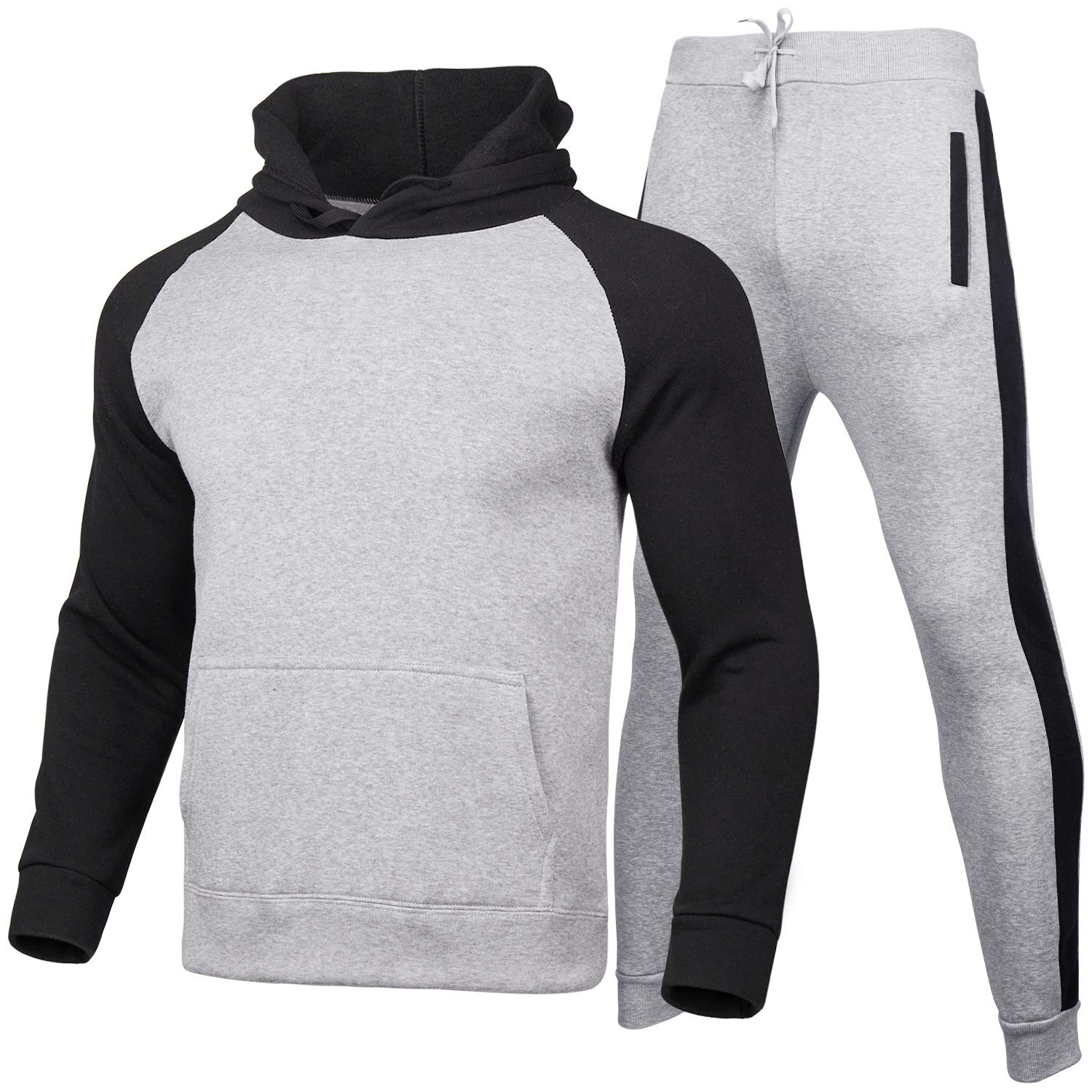 XJG 2-Piece Men's Winter Sports Patchwork Tracksuit Set - Long Sleeve Pullover Hoodie & Casual Sweatpants Joggers Outfit | Warm Athletic Wear for Gym, Running & Casual Winter Fashion