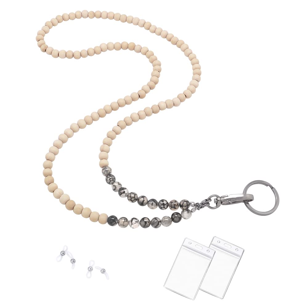 Wooden Beaded Lanyard for ID Badges & Keys - Black Dragon Vein Stone - Office & Event Use