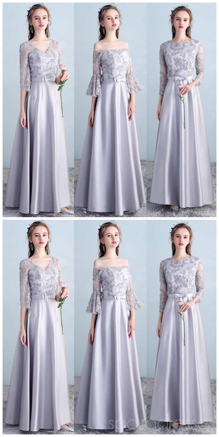 Elegant Gray Long Sleeve Lace Bridesmaid Dress with Unique Mismatched Design - WG502 | Perfect for Weddings, Formal Events & Special Occasions