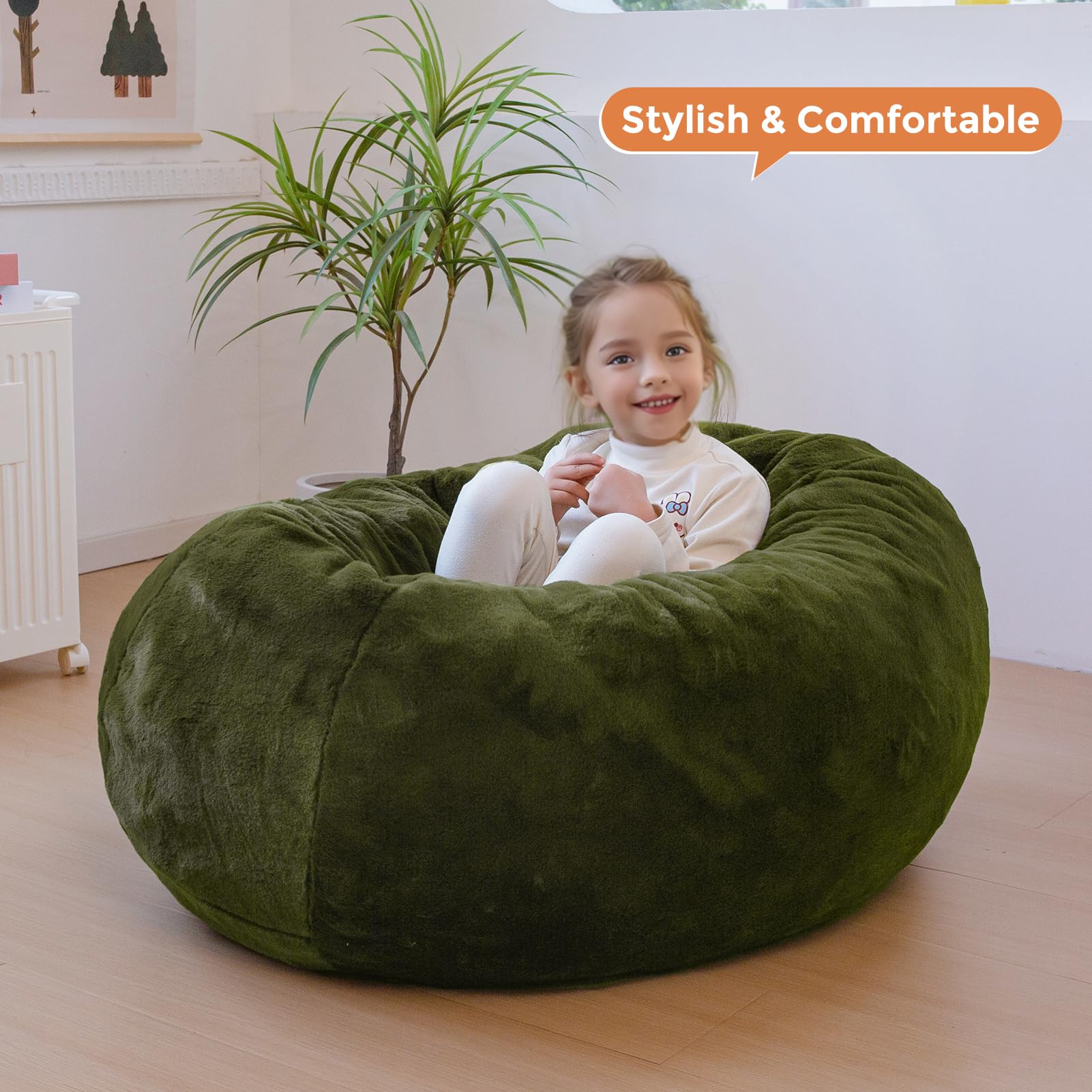 MAXYOYO 3-in-1 Kids Bean Bag Chair Bed - Convertible Faux Fur Round Floor Sofa for Children, Gaming & Reading - Soft Green - Perfect for Playroom, Bedroom & Dorm Decor