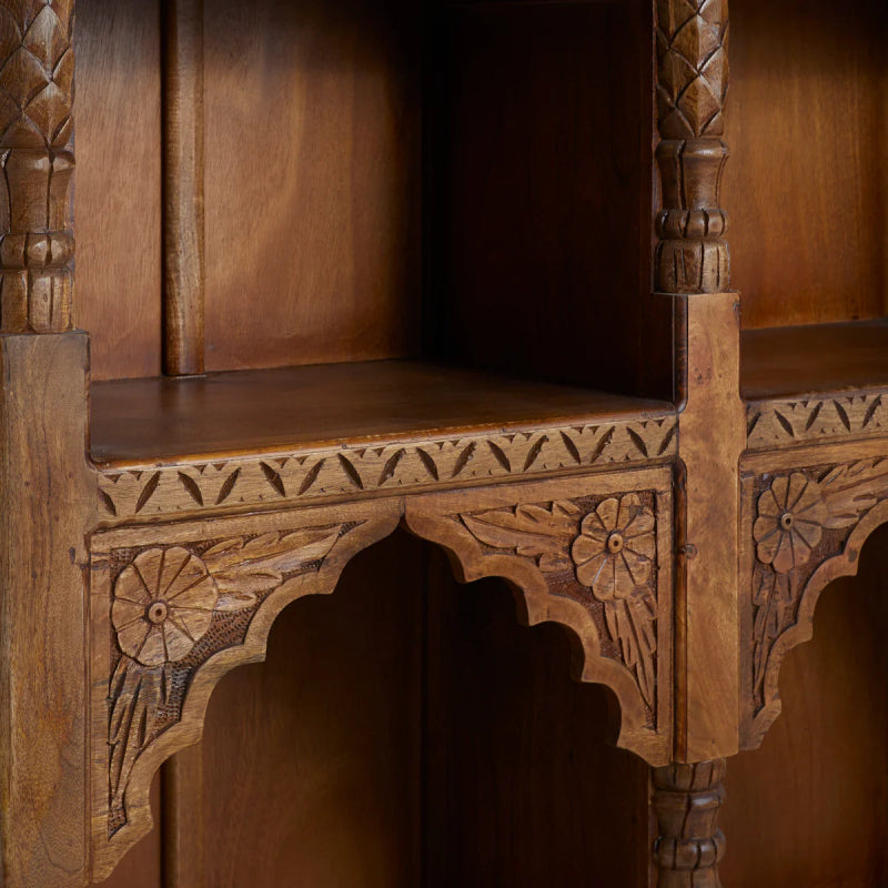 Hand Carved Wooden Bookshelf with 12 Shelves - Rustic Home Office Decor for Books, Plants & Display Items