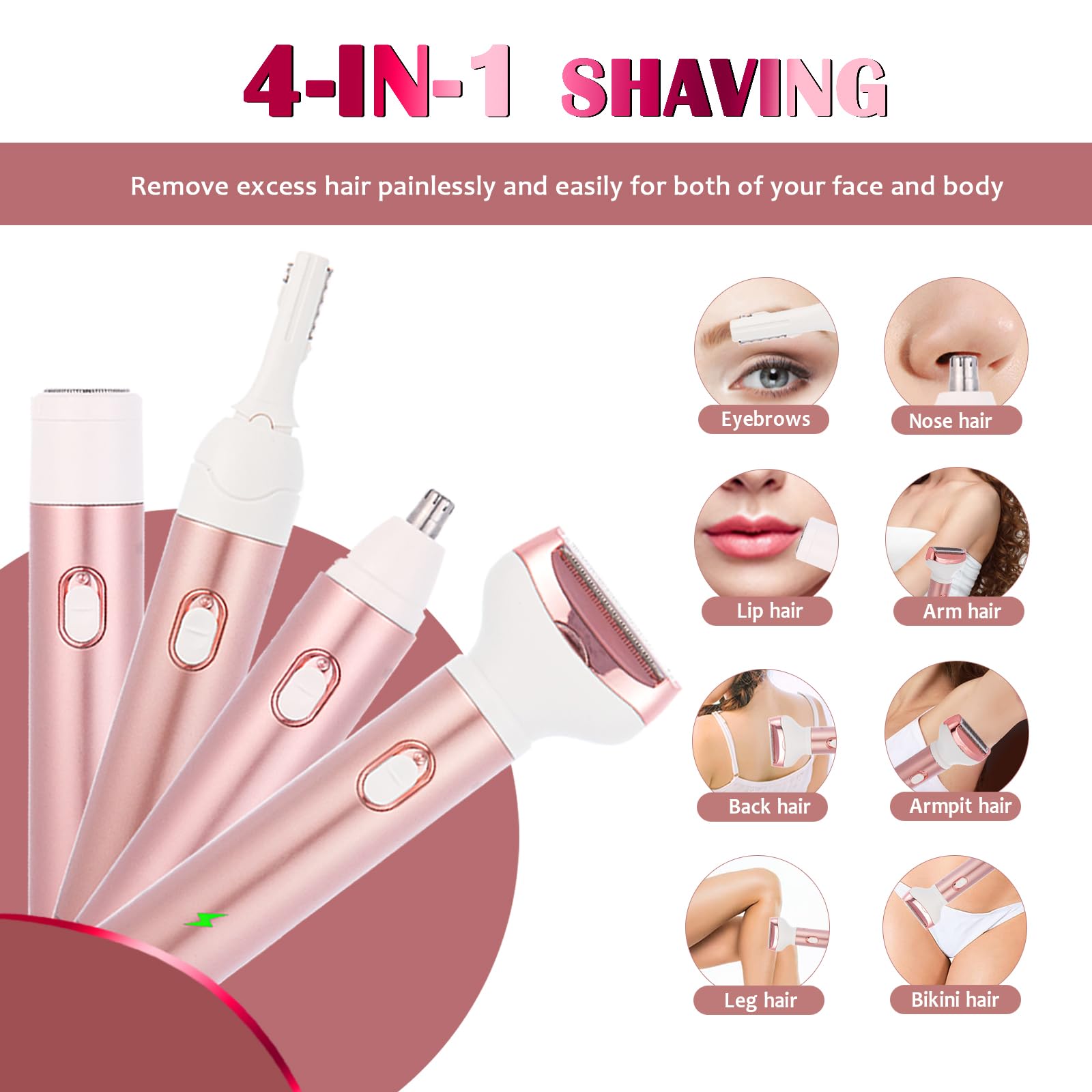Electric Lady Shaver 4-in-1 Rechargeable Women's Shaving Kit - Bikini Trimmer, Facial Hair Remover, Eyebrow & Nose Trimmer - Wet & Dry Use with Easy Cleaning (Rose Gold) | Perfect for Travel, Gym & Daily Grooming Routine