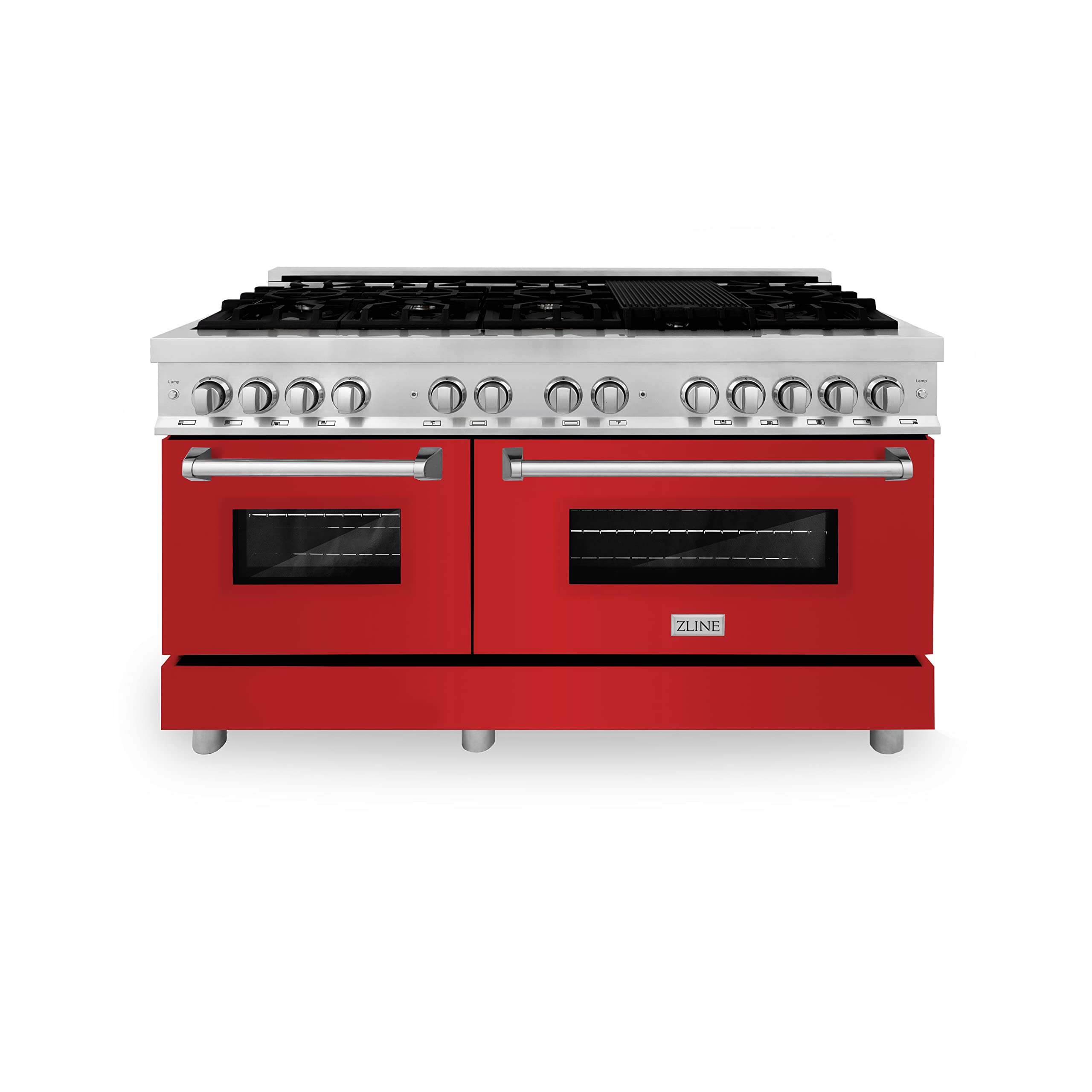 ZLINE 60-inch 7.4 cu. ft. Dual Fuel Range with 9-Burner Gas Cooktop & 2 Electric Convection Ovens - Stainless Steel with Red Matte Doors (RA-RM-60) for Professional Home Kitchens and Gourmet Cooking