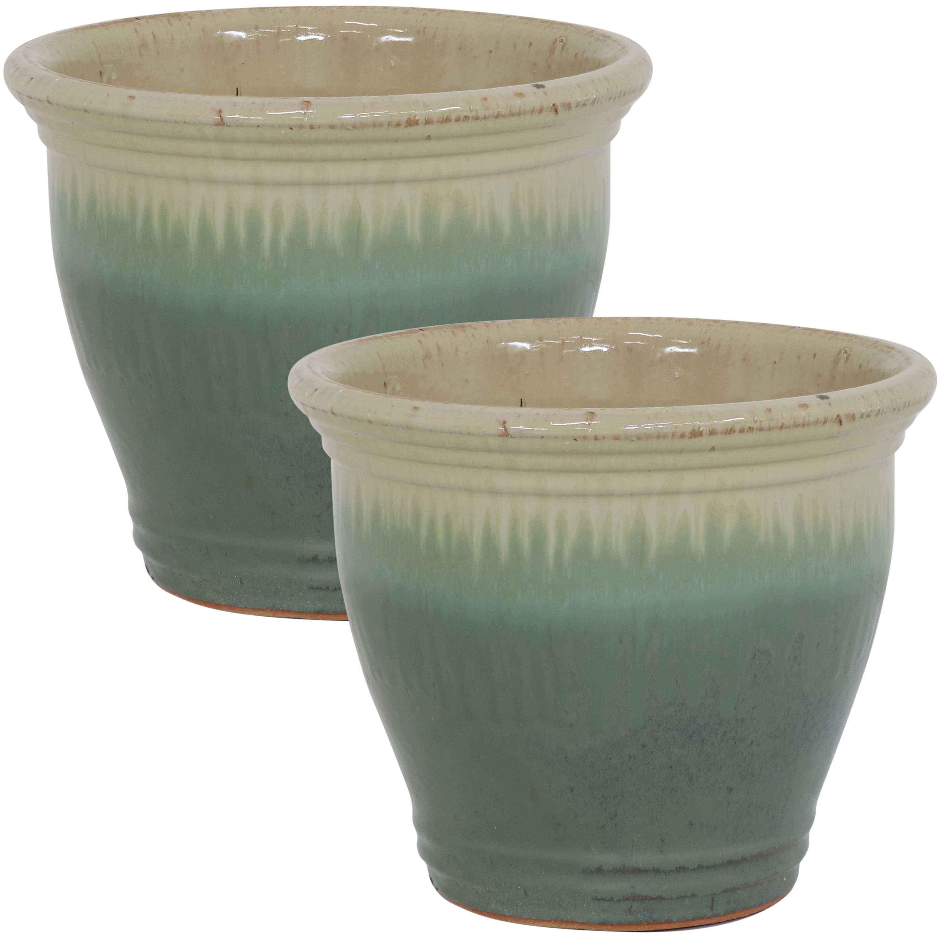 Premium Glazed Ceramic Plant Pots with Drainage Holes - Set of 2 Indoor/Outdoor Flower Planters for Home Decor, Garden & Patio