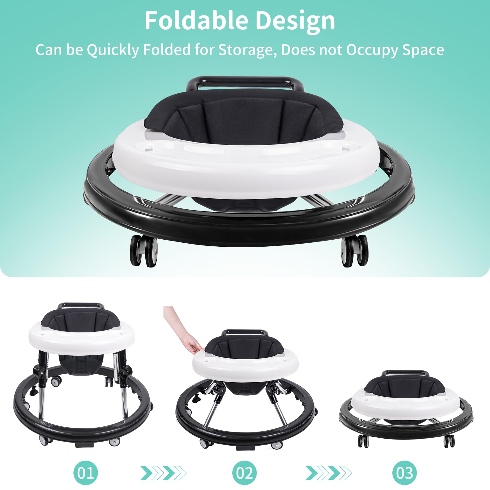 3-in-1 Foldable Baby Walker with Mute Wheels & Anti-Rollover Design - Adjustable 9-Gear Height for 6-18 Months Boys & Girls - Push Handle & Footrest Included - Perfect for Learning to Walk & Indoor Playtime